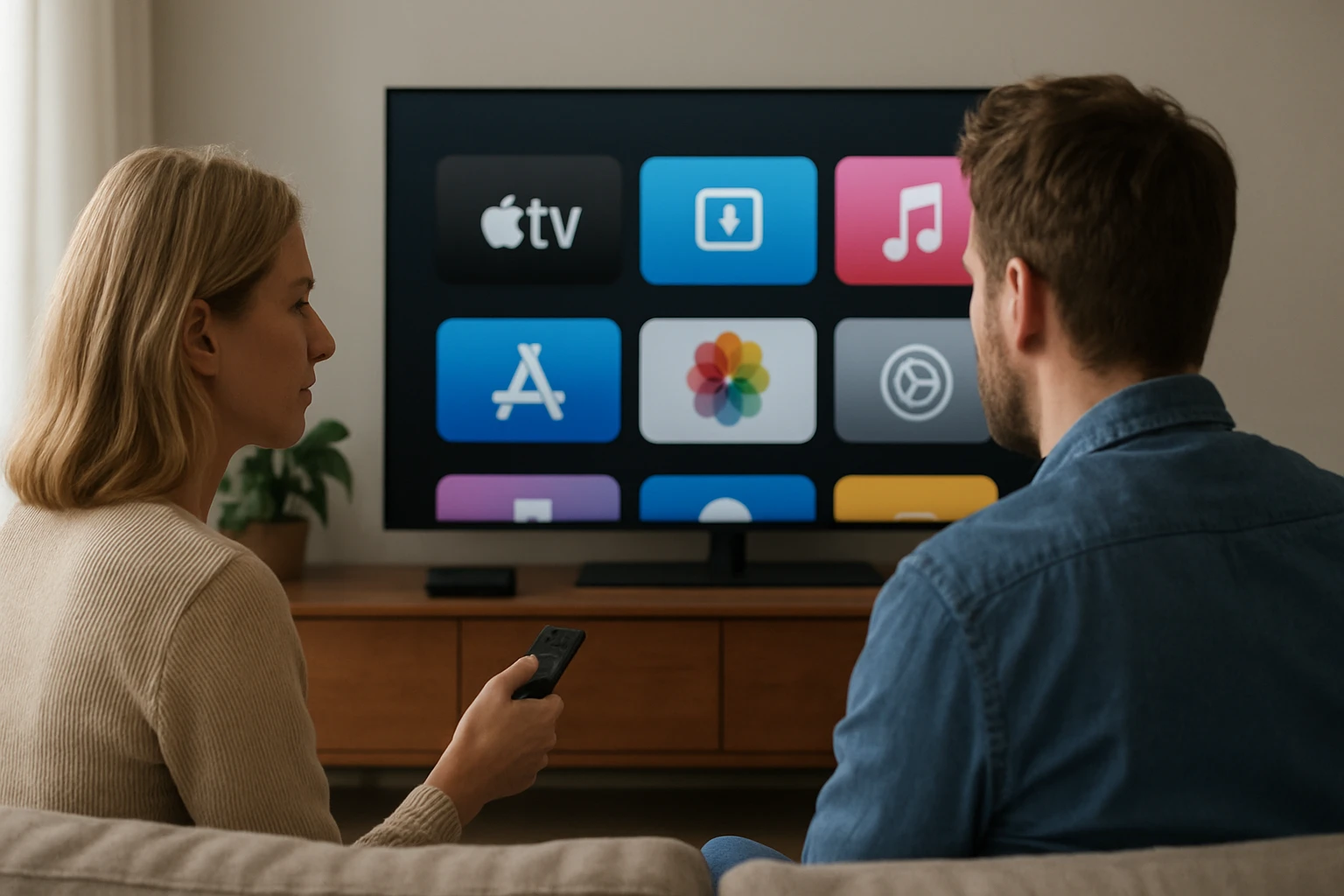Két ember ül a kanapén, egy tévét néznek, amelyen az Apple TV felülete látható.