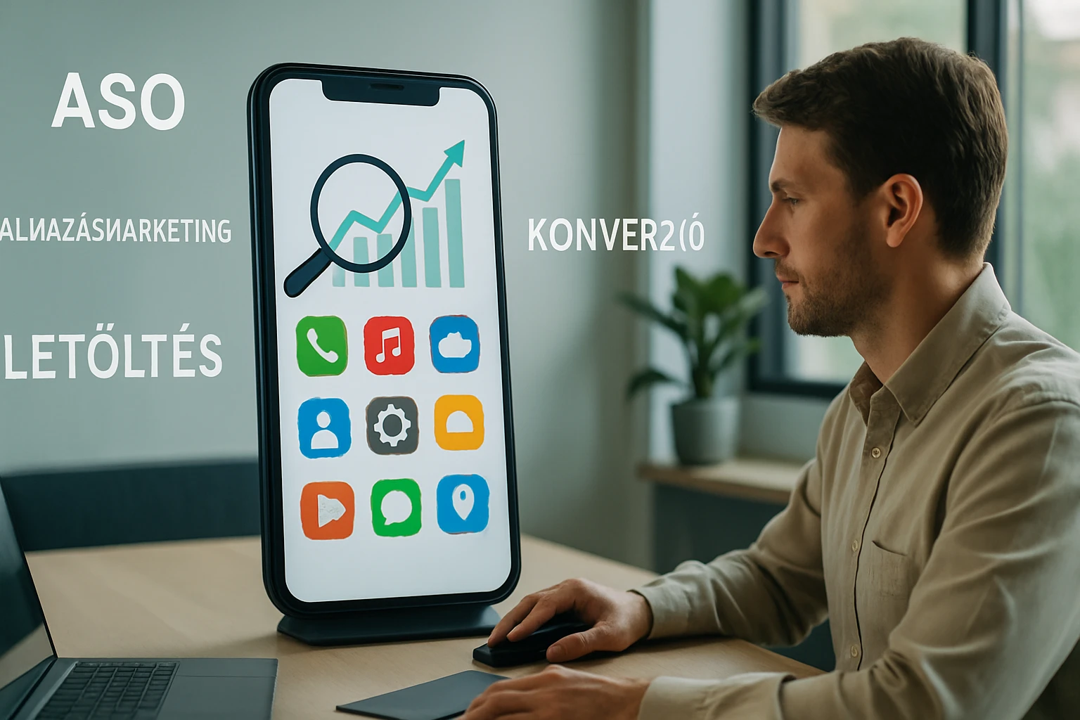 Egy férfi figyelmesen nézi a számítógépét, miközben egy okostelefon grafikonja látható.