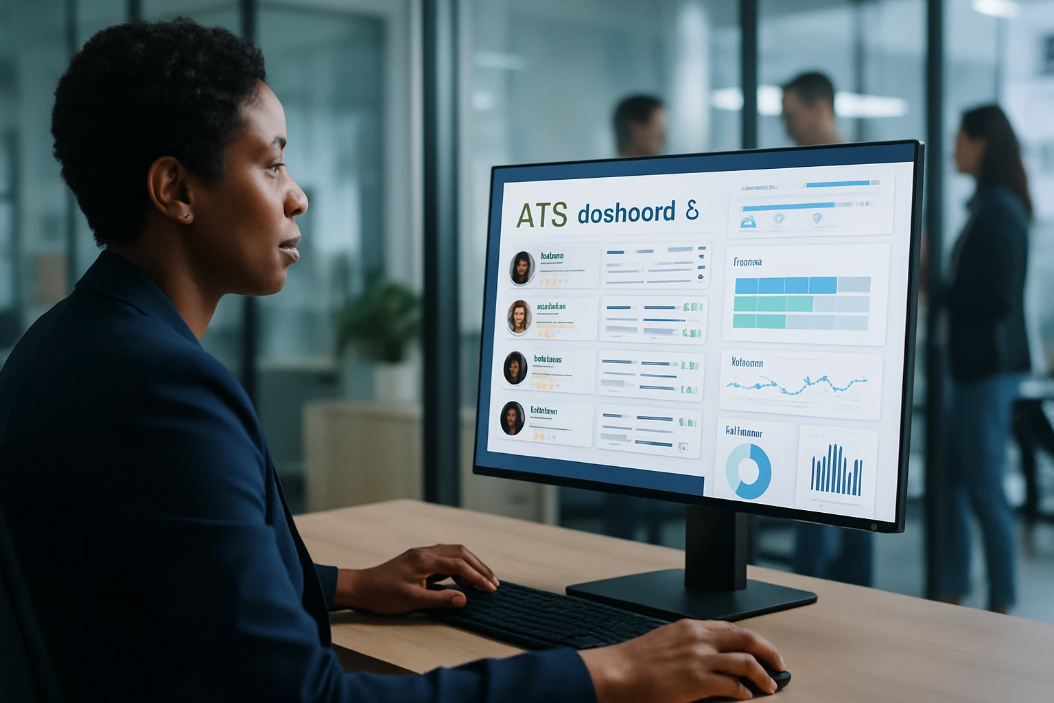 Egy nő számítógép előtt ül, ATS dashboardot néz egy modern irodában.