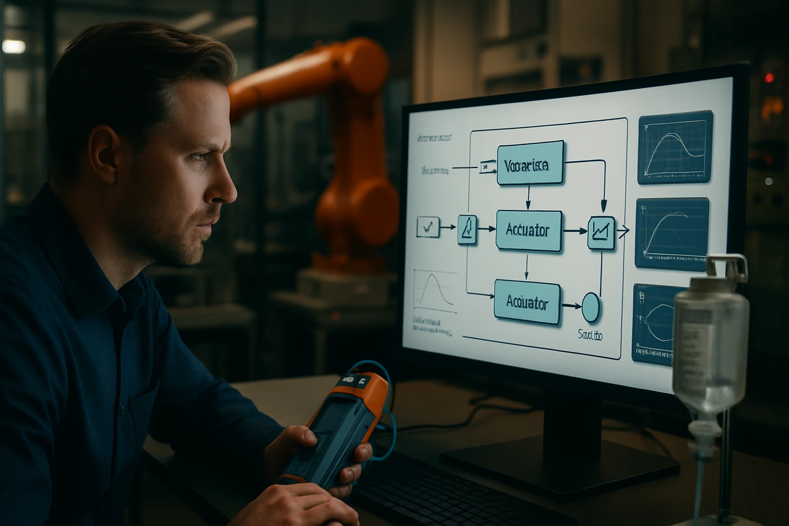 Egy férfi figyelmesen néz egy számítógép képernyőjére, amely vezérlési diagramokat mutat.