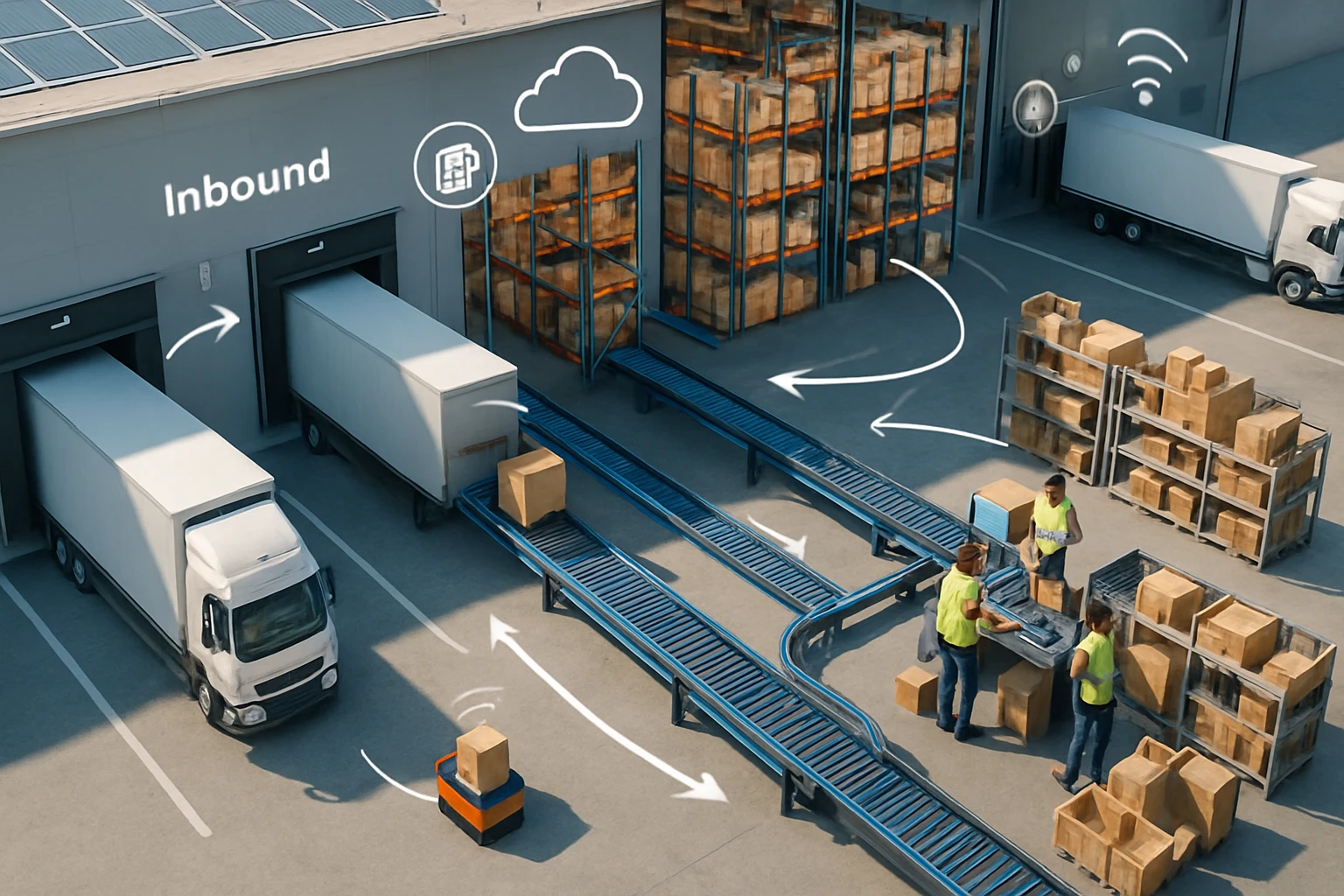 Két teherautó érkezik egy raktárhoz, automatizált csomagkezelő rendszerrel.