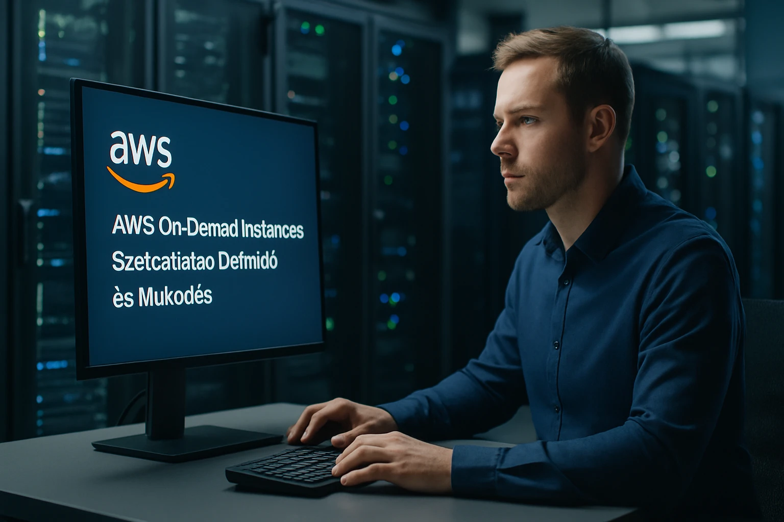 Egy férfi számítógép előtt ül, az AWS On-Demand Instances témájával foglalkozik.