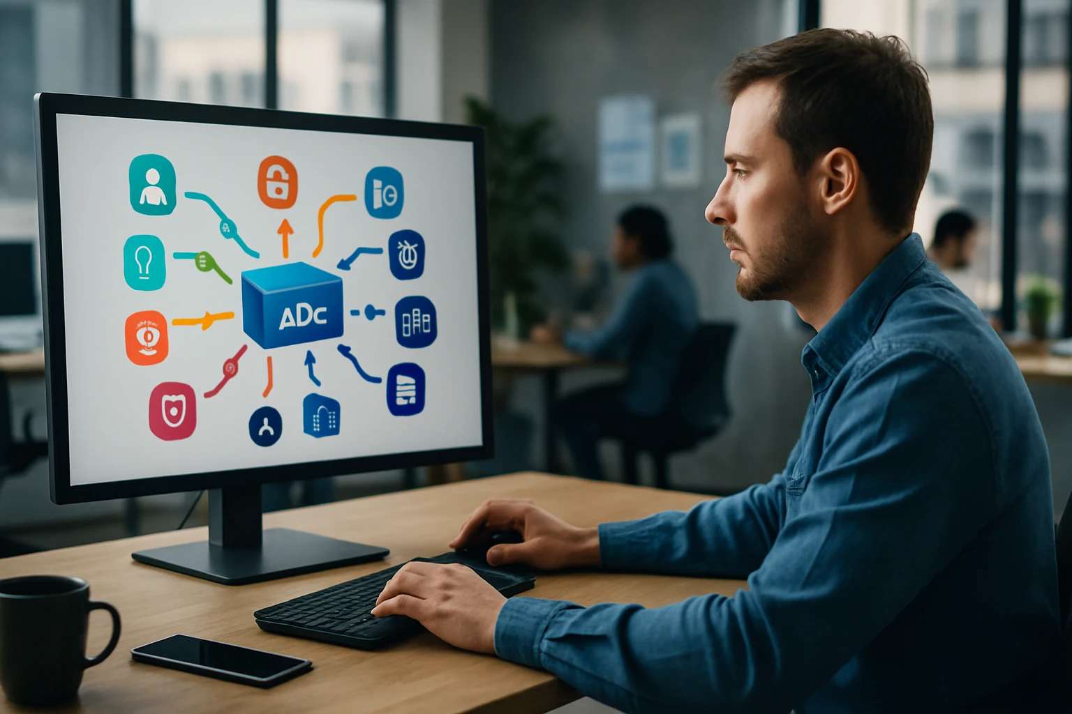 Egy férfi figyelmesen nézi a számítógép képernyőjét, amelyen az ADC rendszerek ikonja látható.