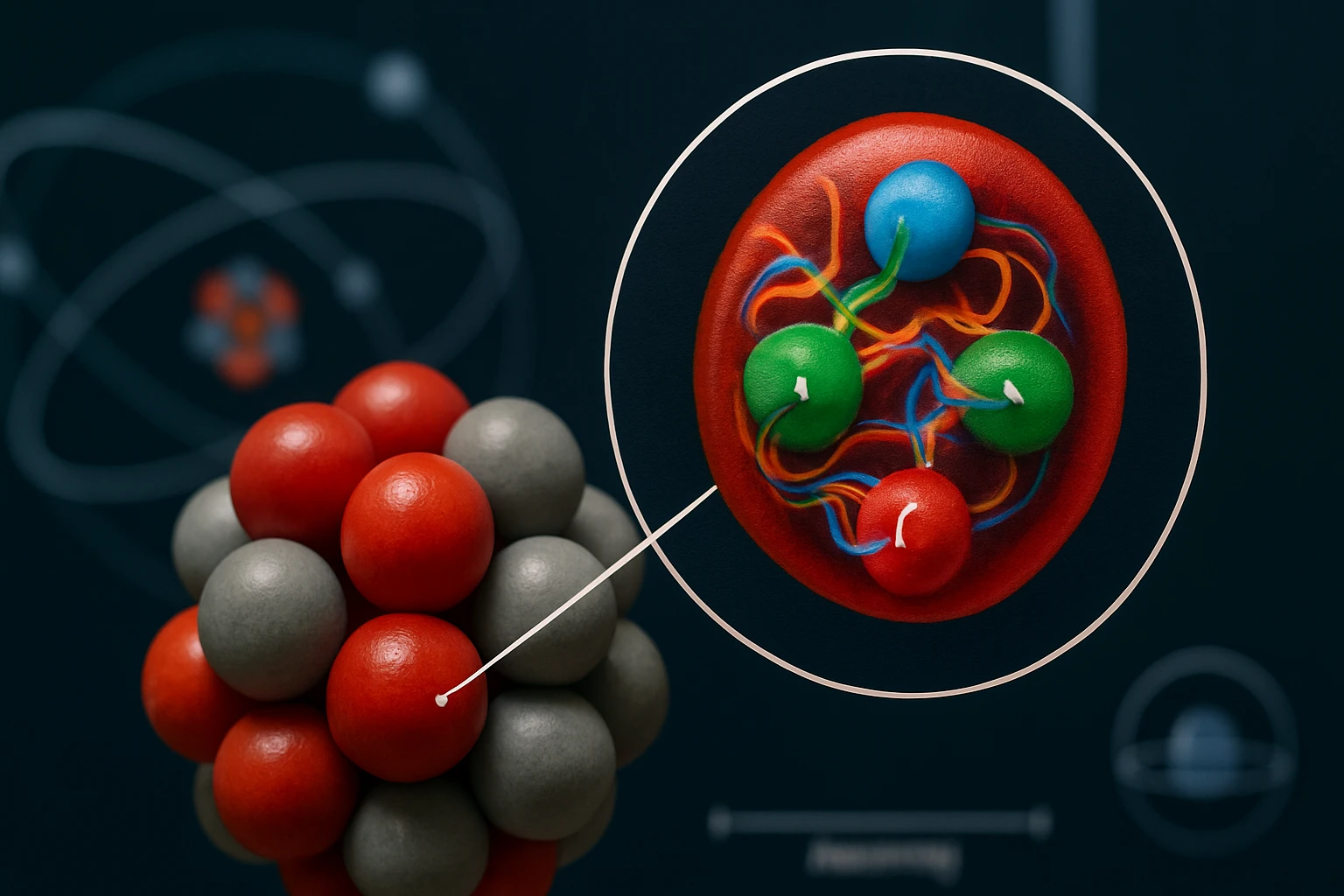 Színes gömbök ábrázolják az atommagot és a benne lévő részecskéket.