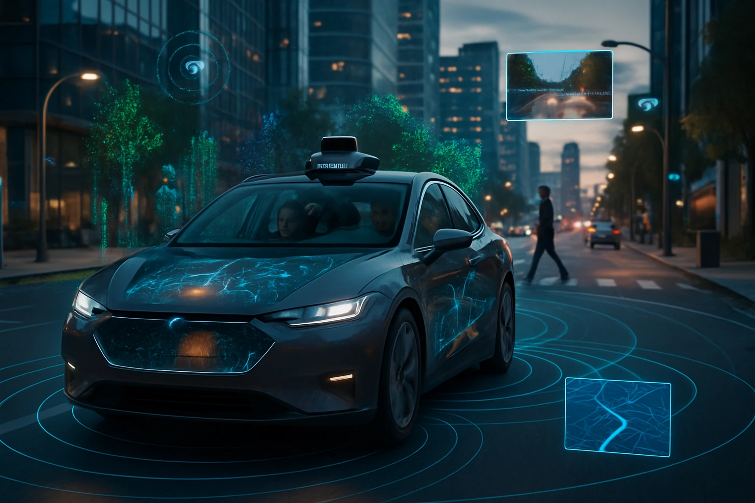 Autonóm jármű városi környezetben, digitális jelzésekkel és térképekkel.