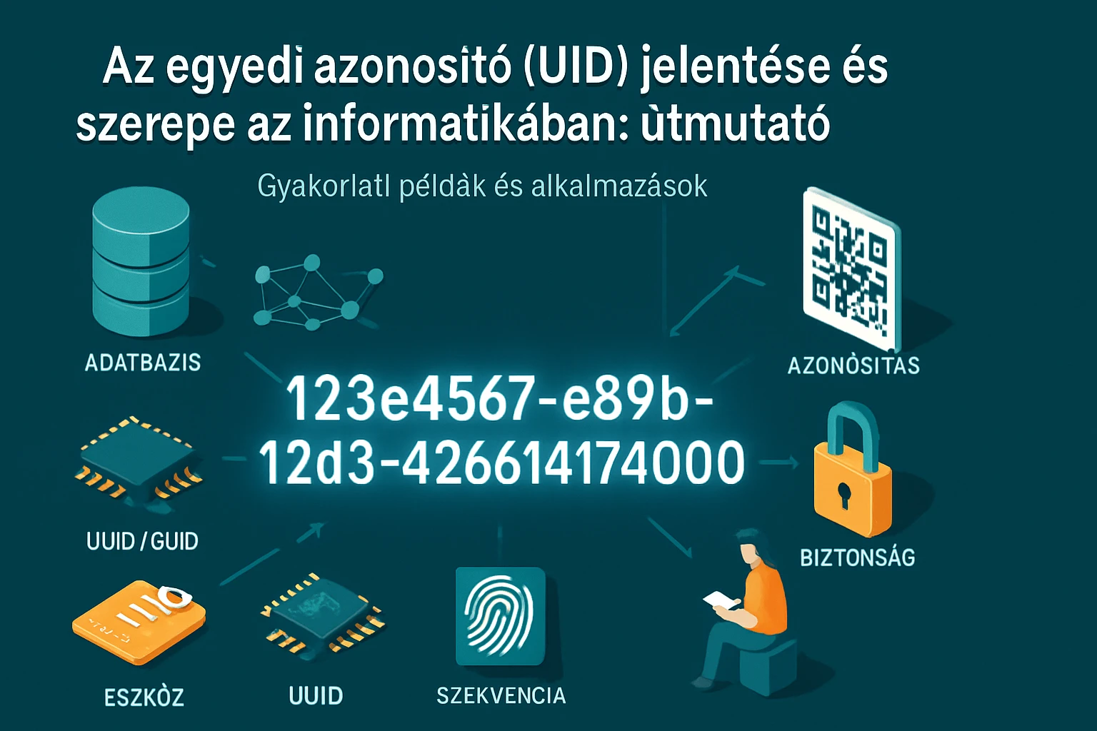 Az egyedi azonosító (UID) szerepét bemutató grafika, adatbázisokkal és biztonsági elemekkel.