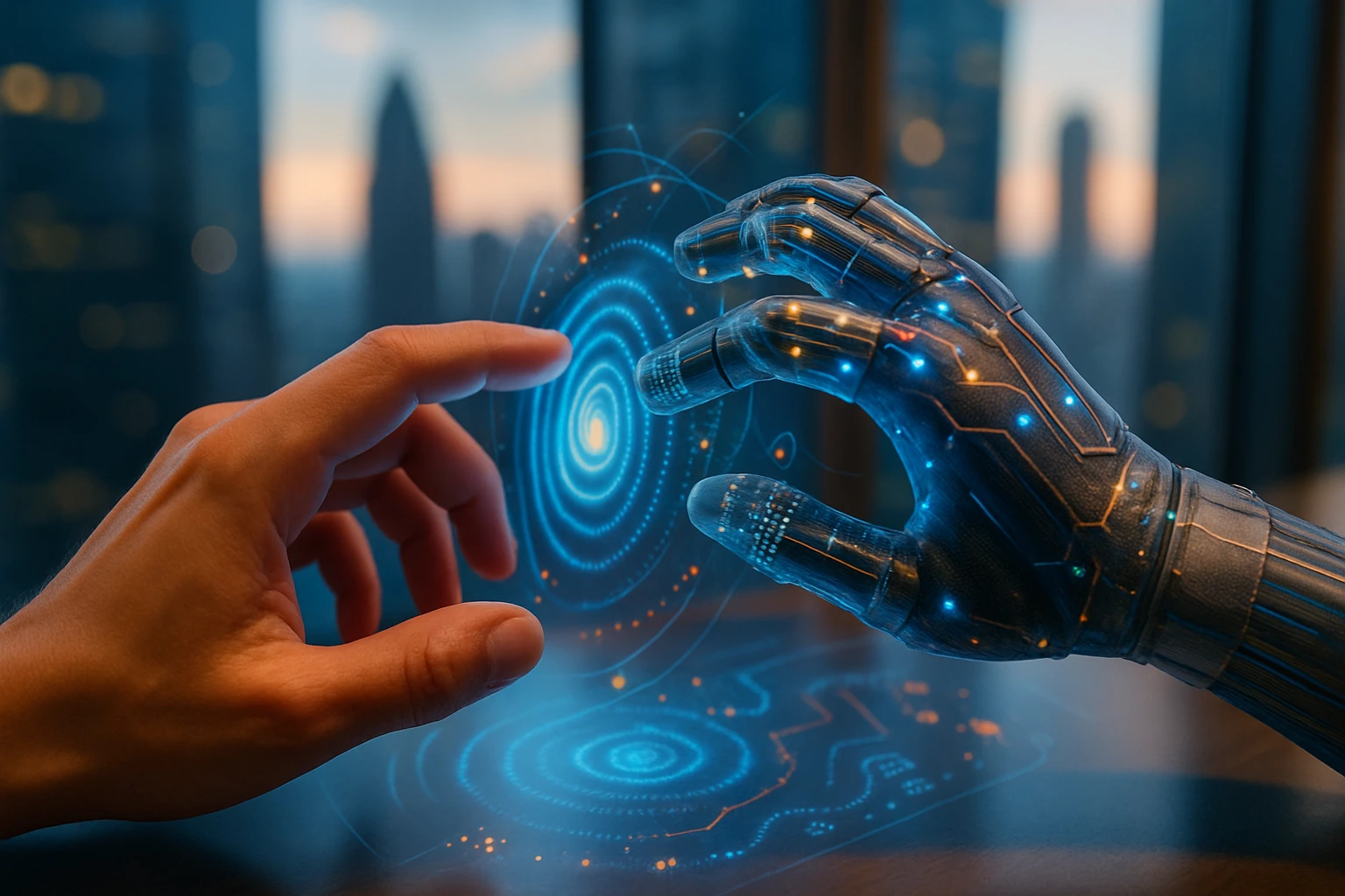 Egy emberi kéz és egy robotkar érintkezik, holografikus fényekkel.
