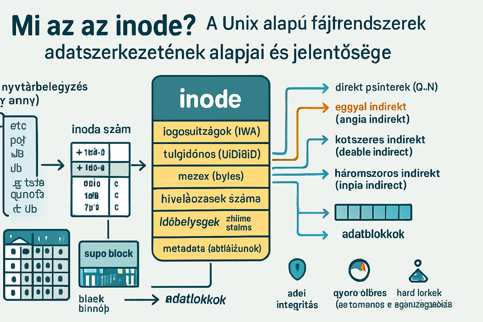 A Unix fájlrendszerek inode struktúráját bemutató diagram, adatokkal.