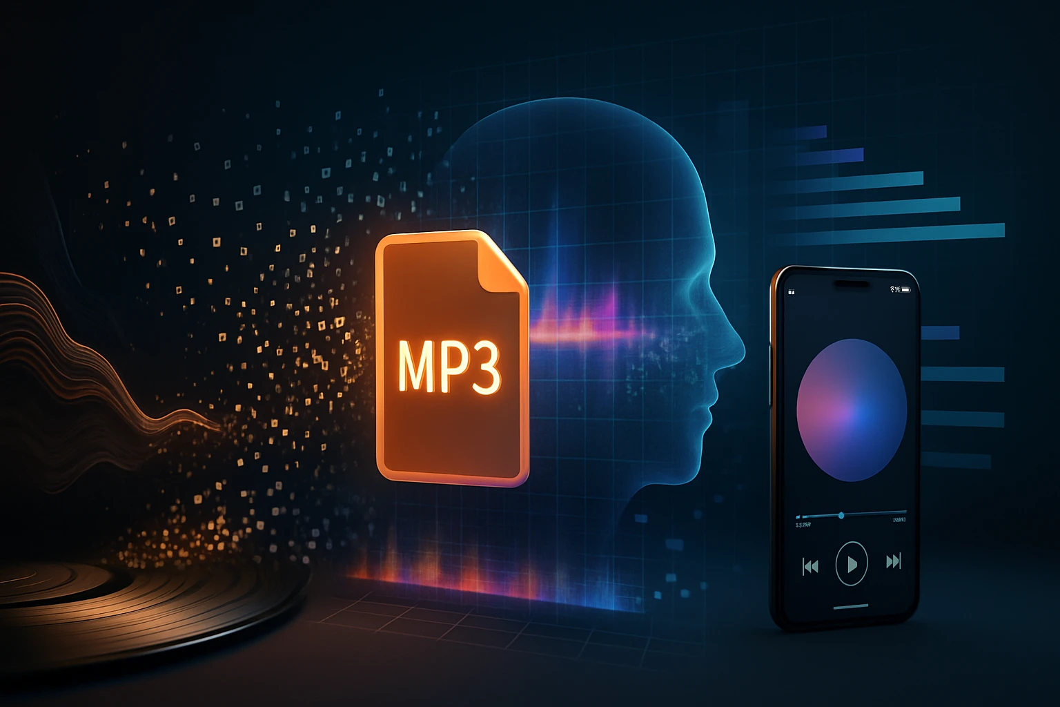 Digitális zeneformátum, MP3 fájl és zenei hullámformák ábrázolása.