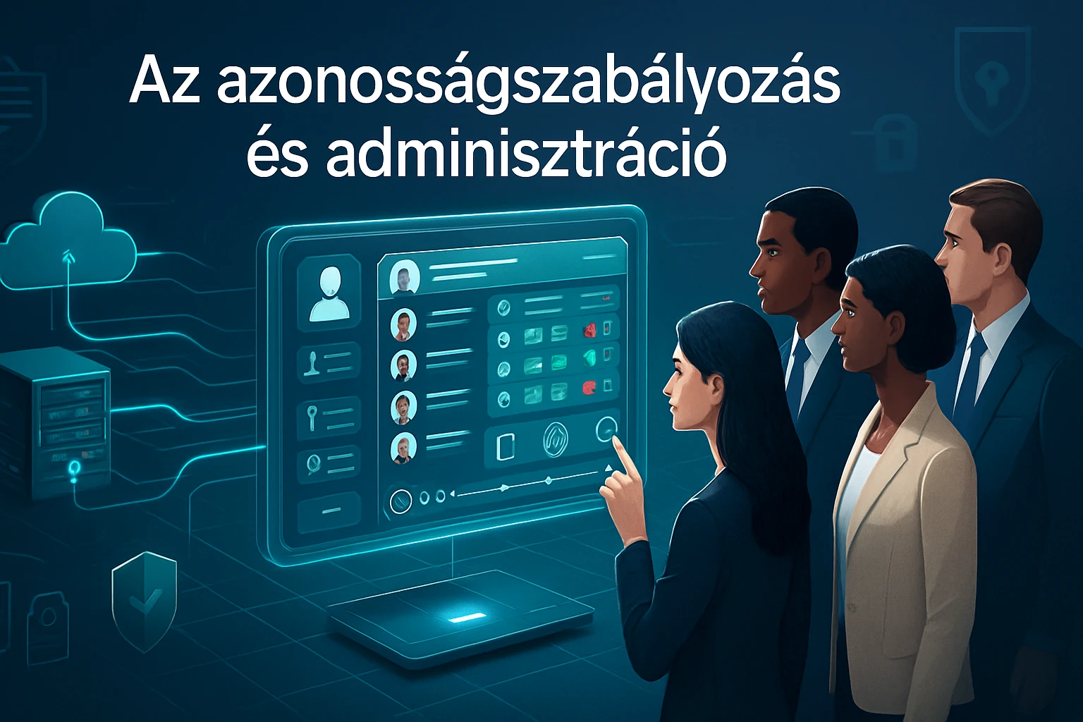 Négy szakember figyeli a számítógép képernyőjén az adminisztrációs felületet.