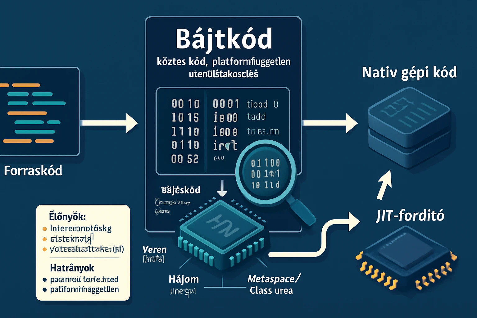 A bájtkód és a natív gépi kód közötti kapcsolatot bemutató diagram.