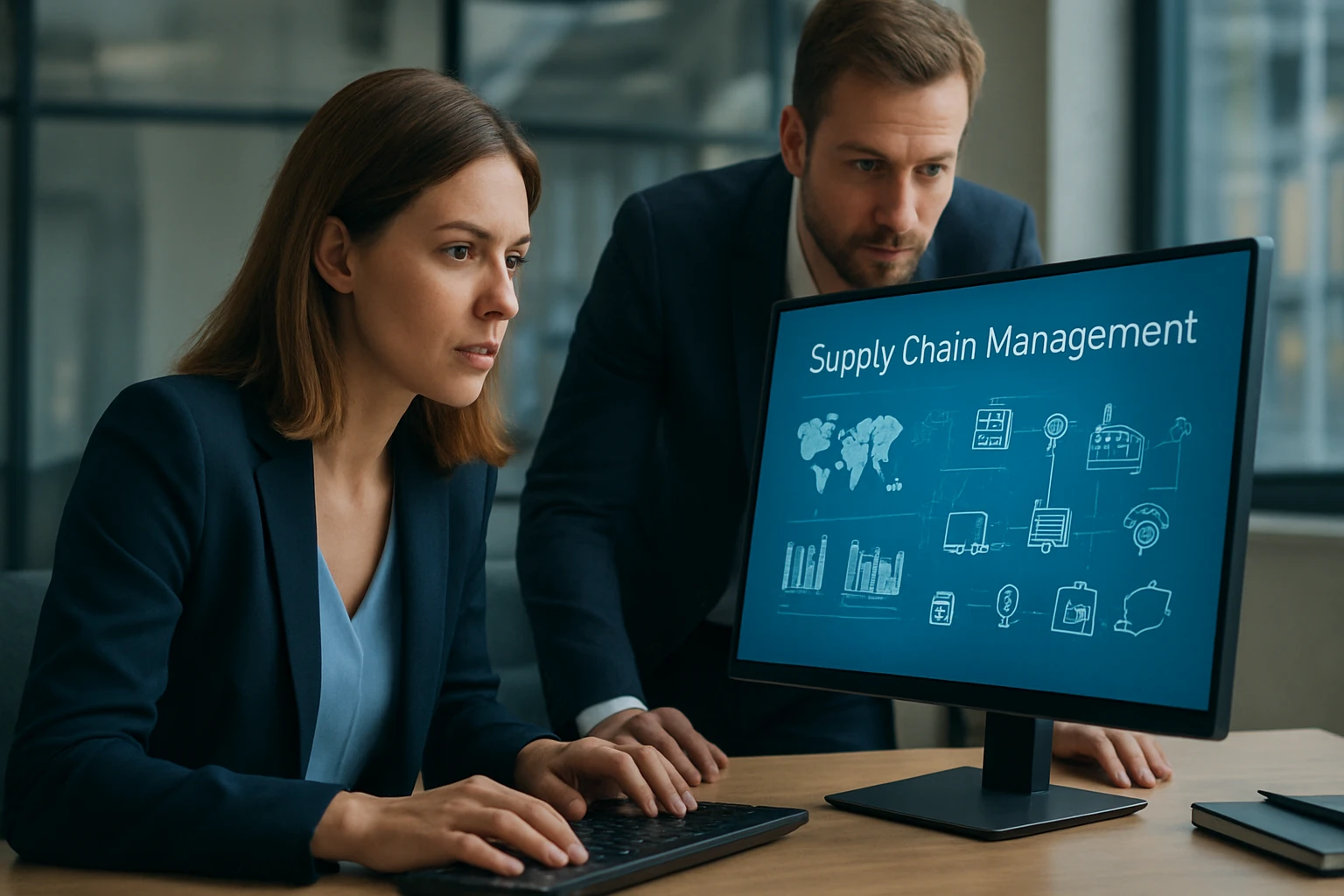 Két üzletember egy számítógép képernyőjén a beszállítói lánc menedzsmentet elemzi.