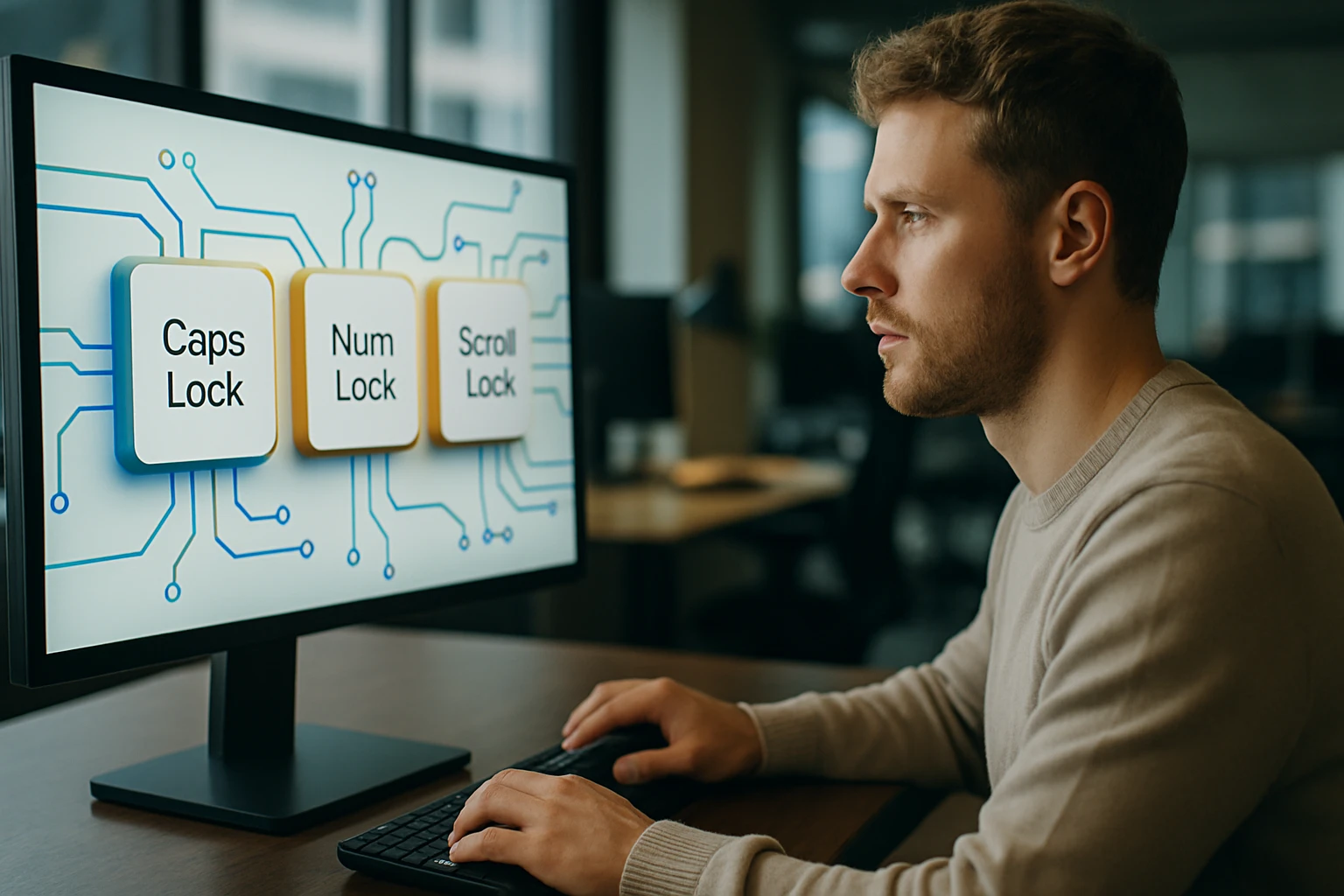 Egy férfi a számítógép előtt ül, a képernyőn billentyűzet funkciók láthatók.