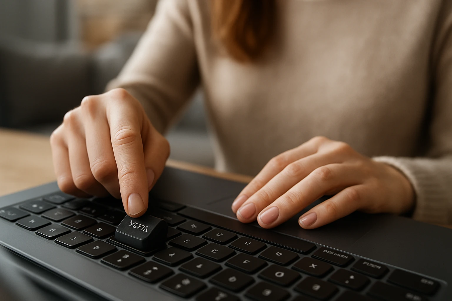 Egy nő keze a laptop billentyűzetén, éppen egy gombot nyom meg.