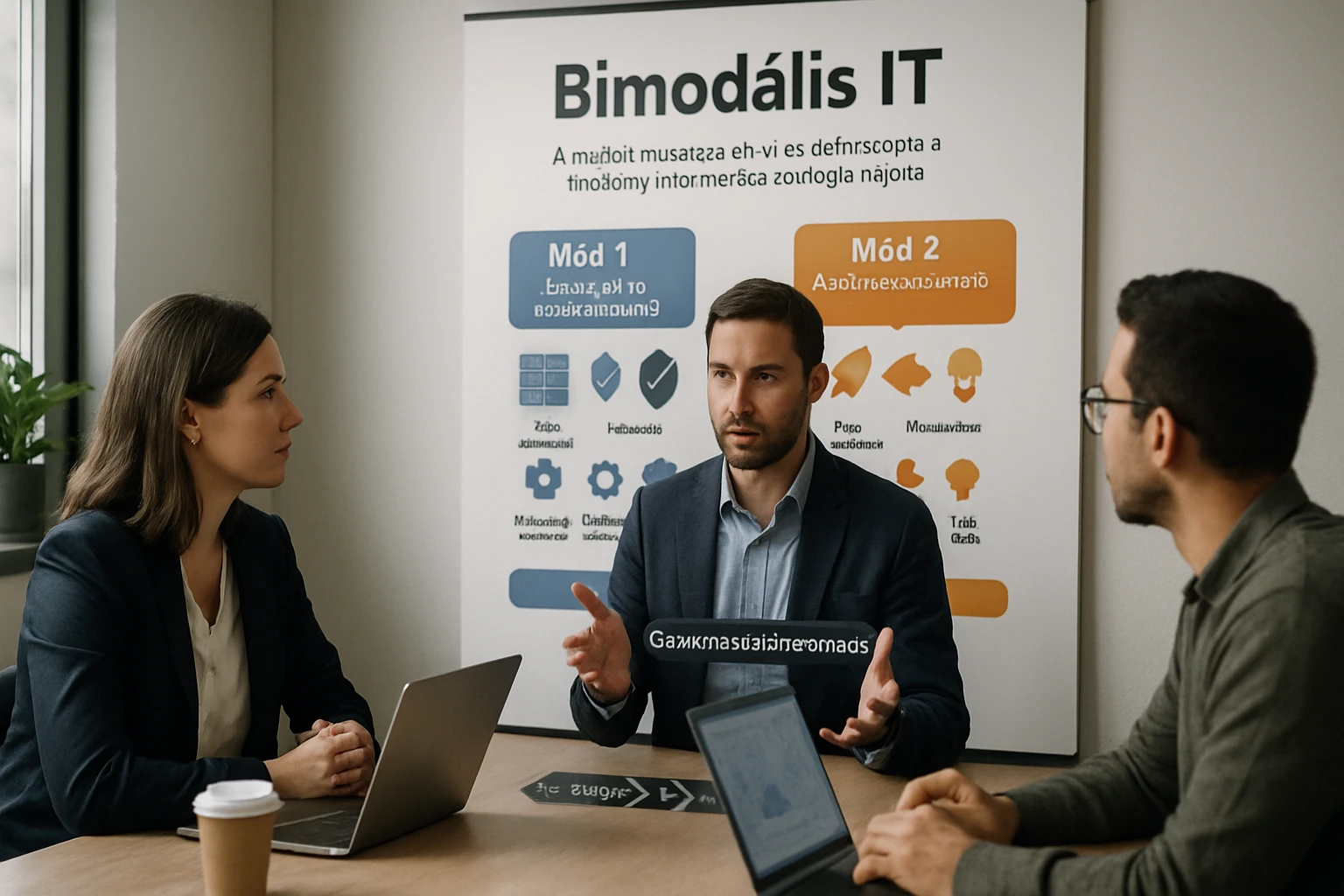 Három szakember egy megbeszélésen, a háttérben bimodális IT grafika látható.