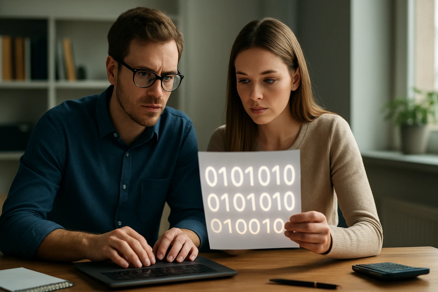 Két fiatal felnőtt, akik egy laptop előtt ülve bináris kódot néznek.
