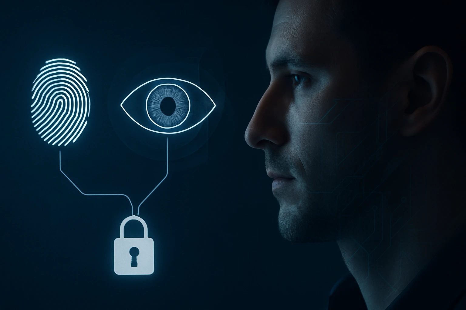 Egy férfi profilja mellett biometrikus azonosító szimbólumok láthatók.