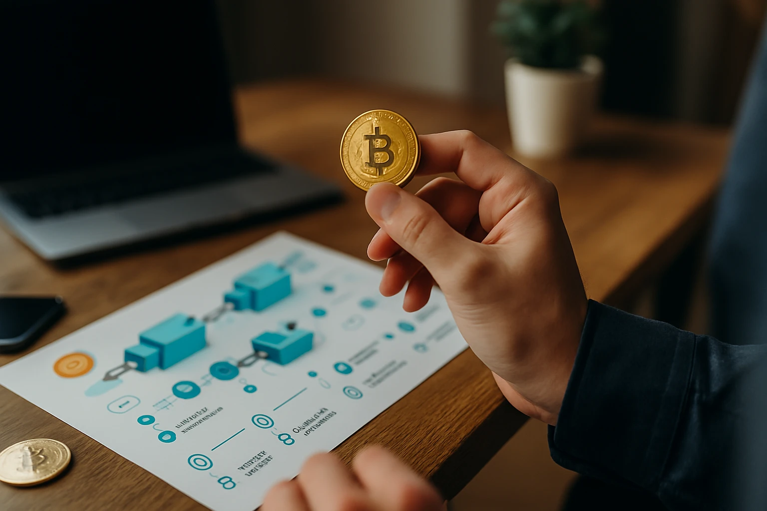 Egy kéz arany színű Bitcoin érmét tart, háttérben laptop és diagram.