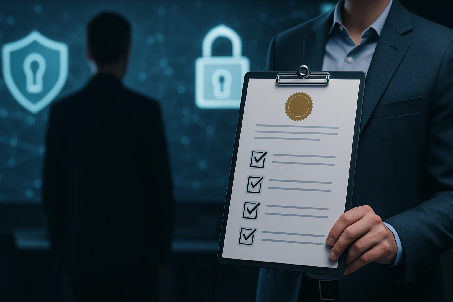 Egy üzletember egy ellenőrzőlistát tart a kezében, háttérben biztonsági szimbólumokkal.
