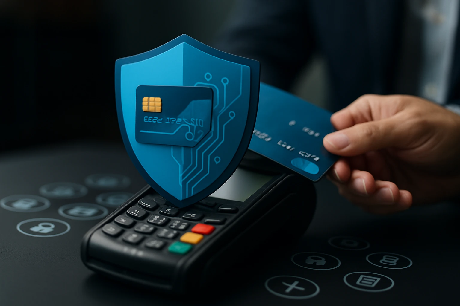 Egy kéz bankkártyát tart, miközben egy terminálon a biztonság szimbóluma látható.