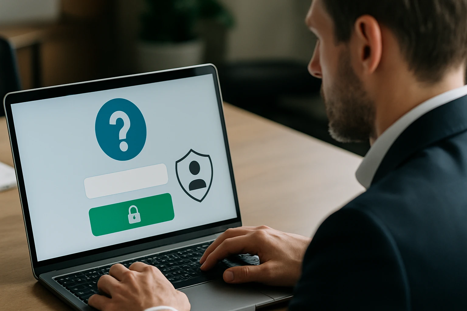 Egy férfi laptopján bejelentkezési képernyő látható, kérdőjellel és biztonsági szimbólummal.