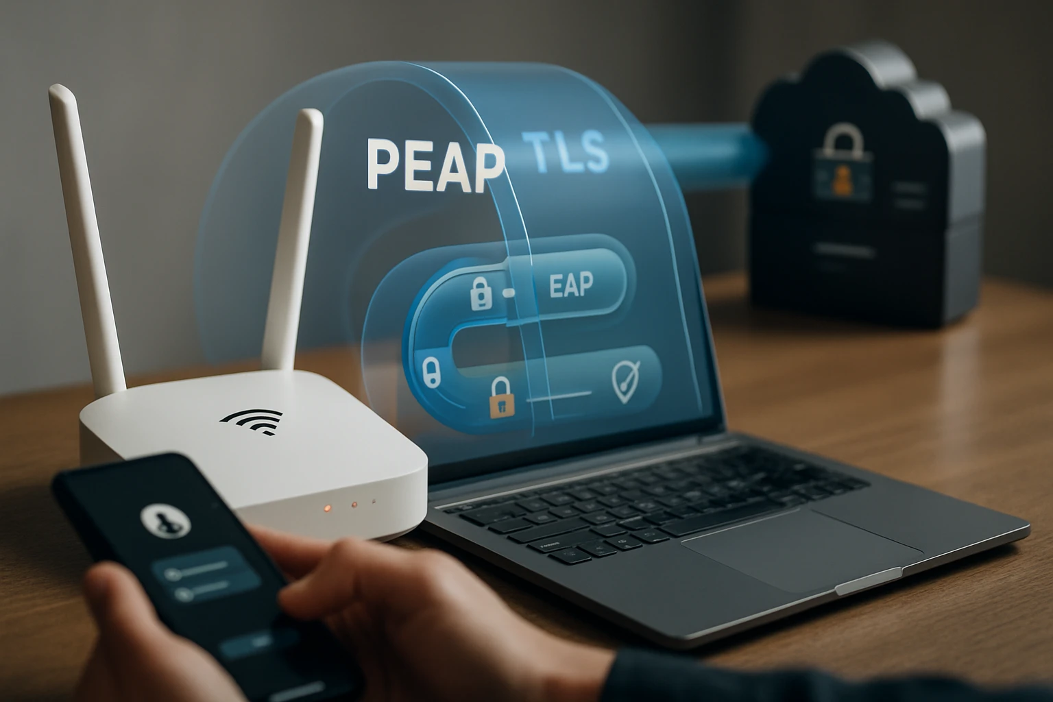 Egy okostelefon és laptop látható, amelyek biztonságos hálózati kapcsolatra utalnak.