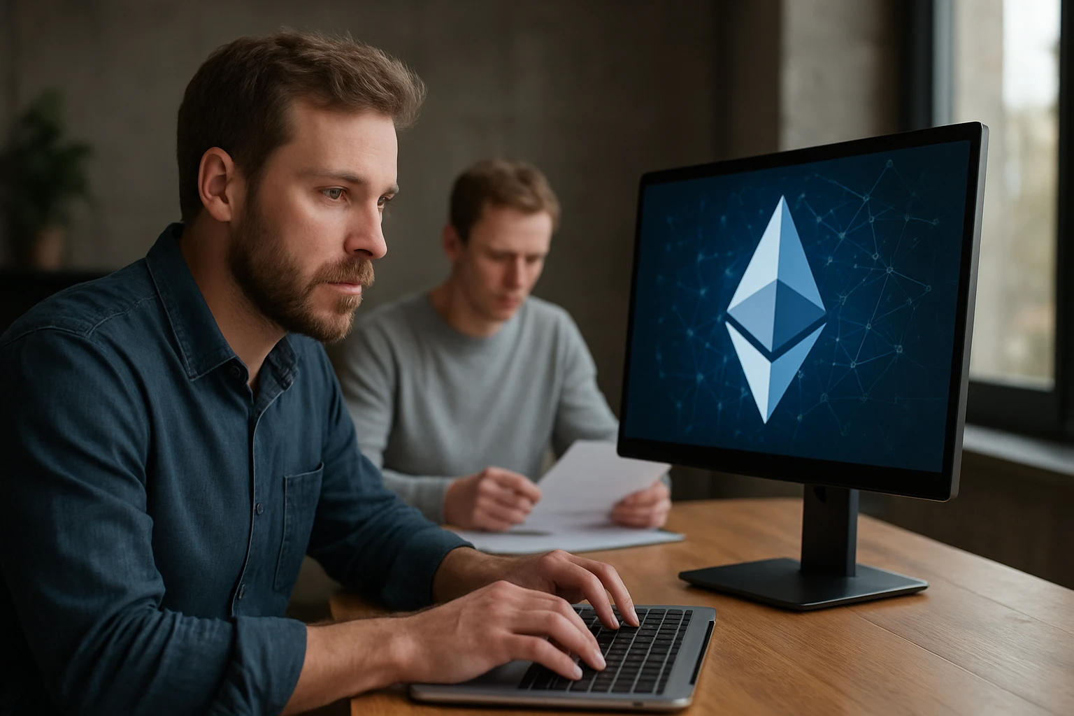 Két férfi dolgozik egy asztalnál, az egyik laptopon, a másik papírokat néz.