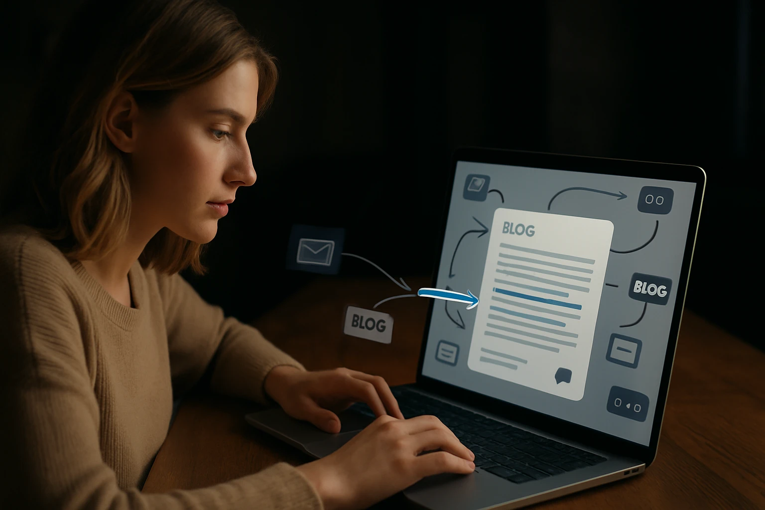 Egy fiatal nő a laptopján blogbejegyzést ír, körülötte digitális ikonok.