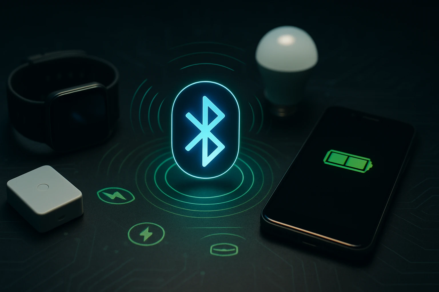 Bluetooth jelképe és okoseszközök, mint okosóra és izzó egy sötét háttéren.