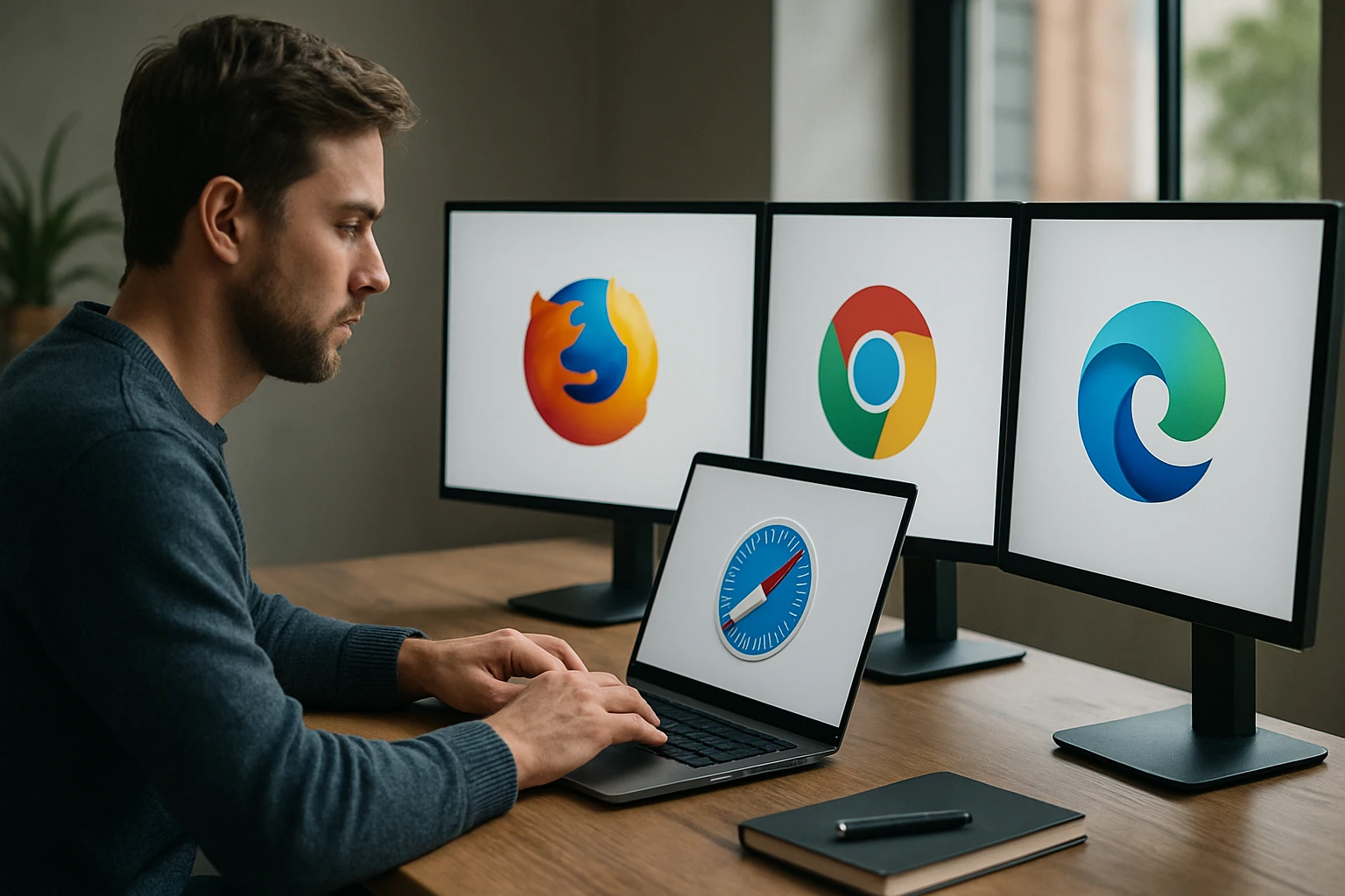 Egy férfi laptopon dolgozik, körülötte négy böngésző logója látható.