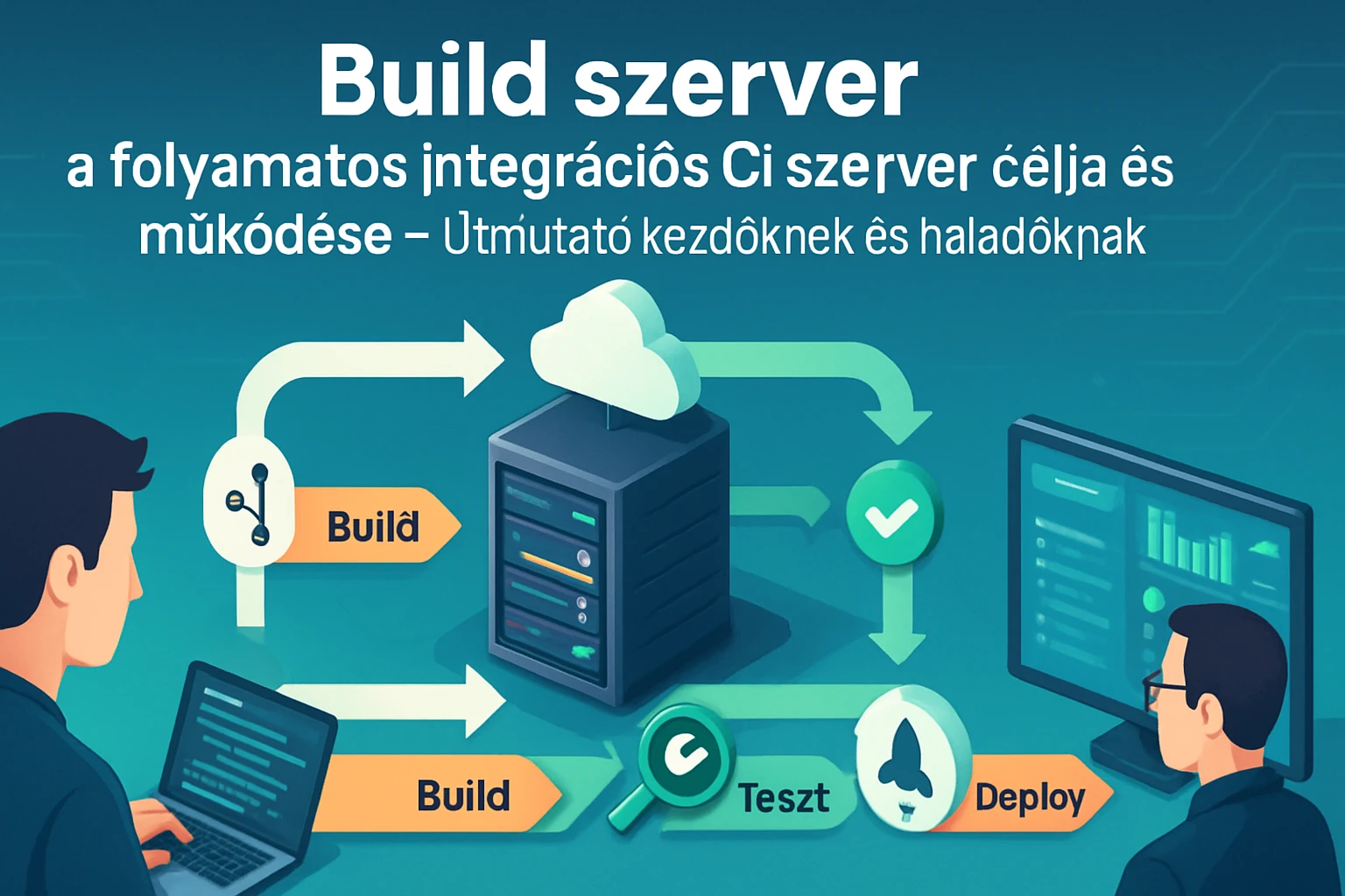 A build szerver folyamatos integrációs folyamatát bemutató illusztráció.