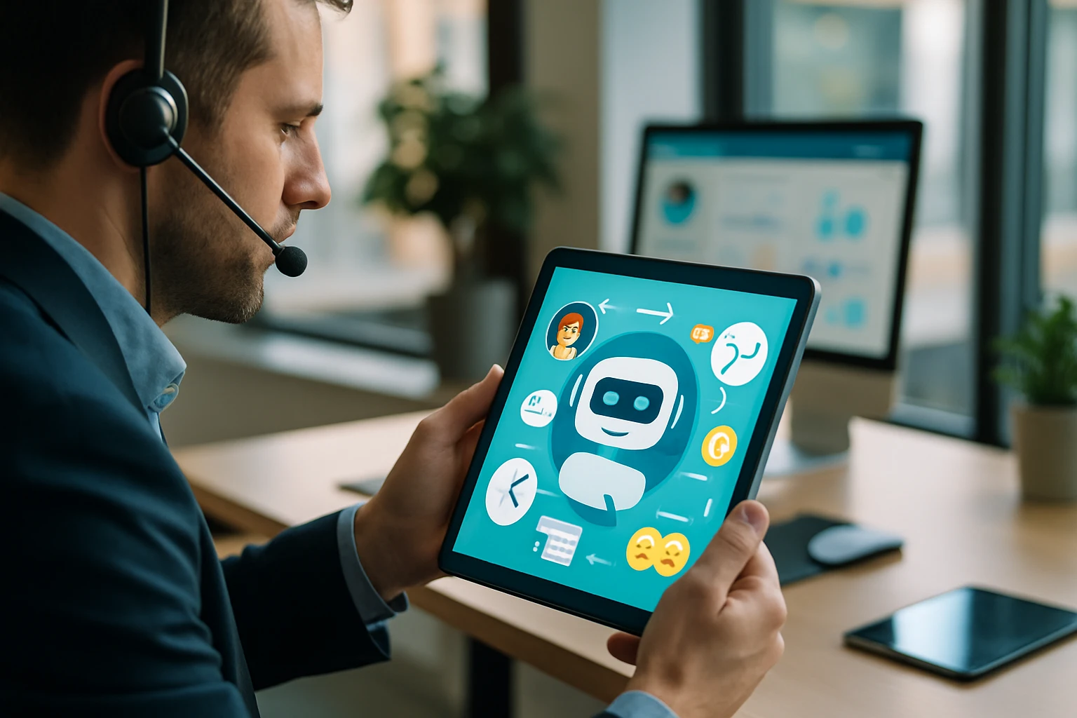 Egy férfi headsettel, táblagépen chatbot ikonokkal dolgozik.