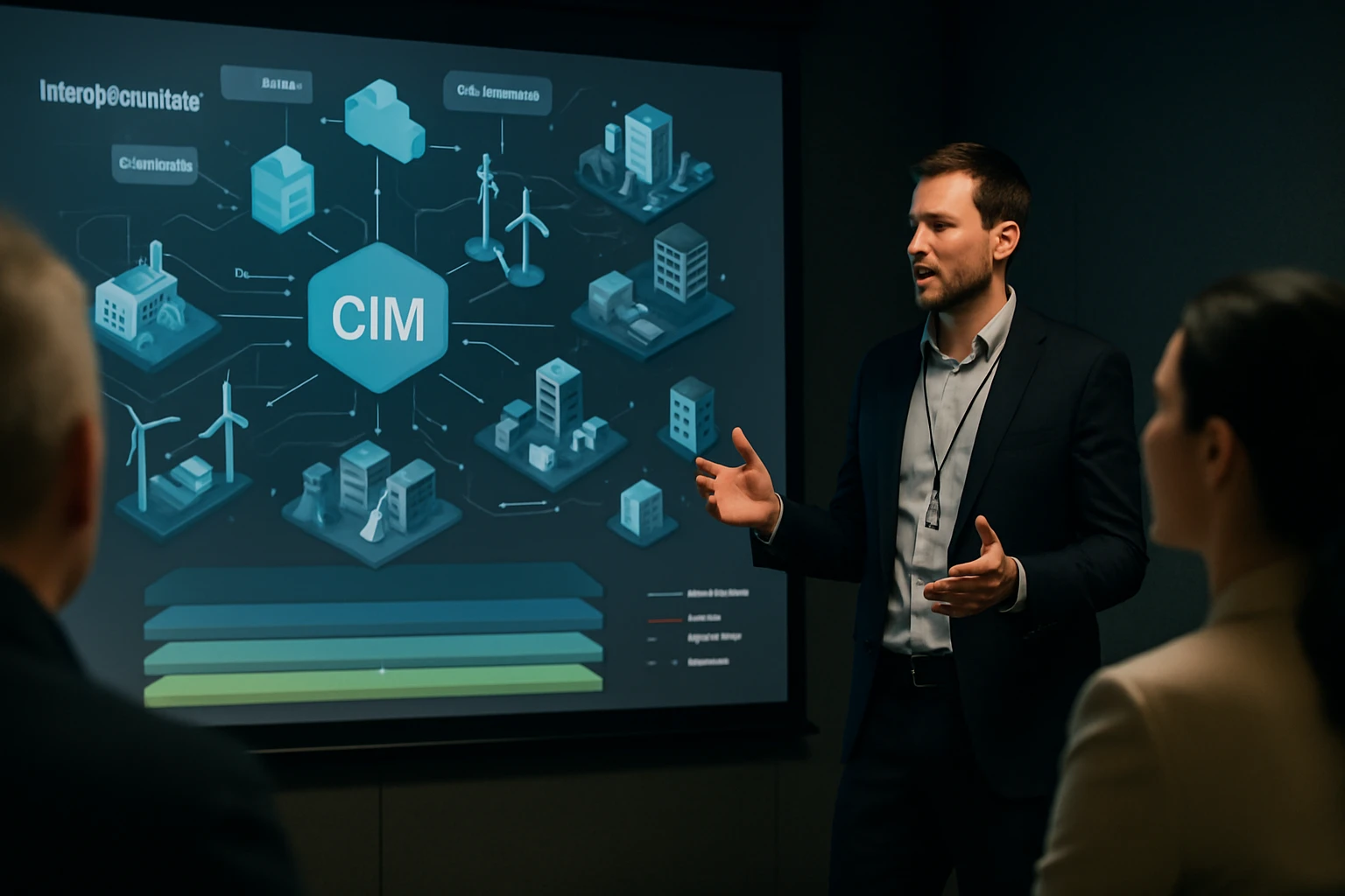 Egy férfi prezentál egy CIM rendszert bemutató diagram előtt, a háttérben épületek és szélkerék ikonok láthatók.