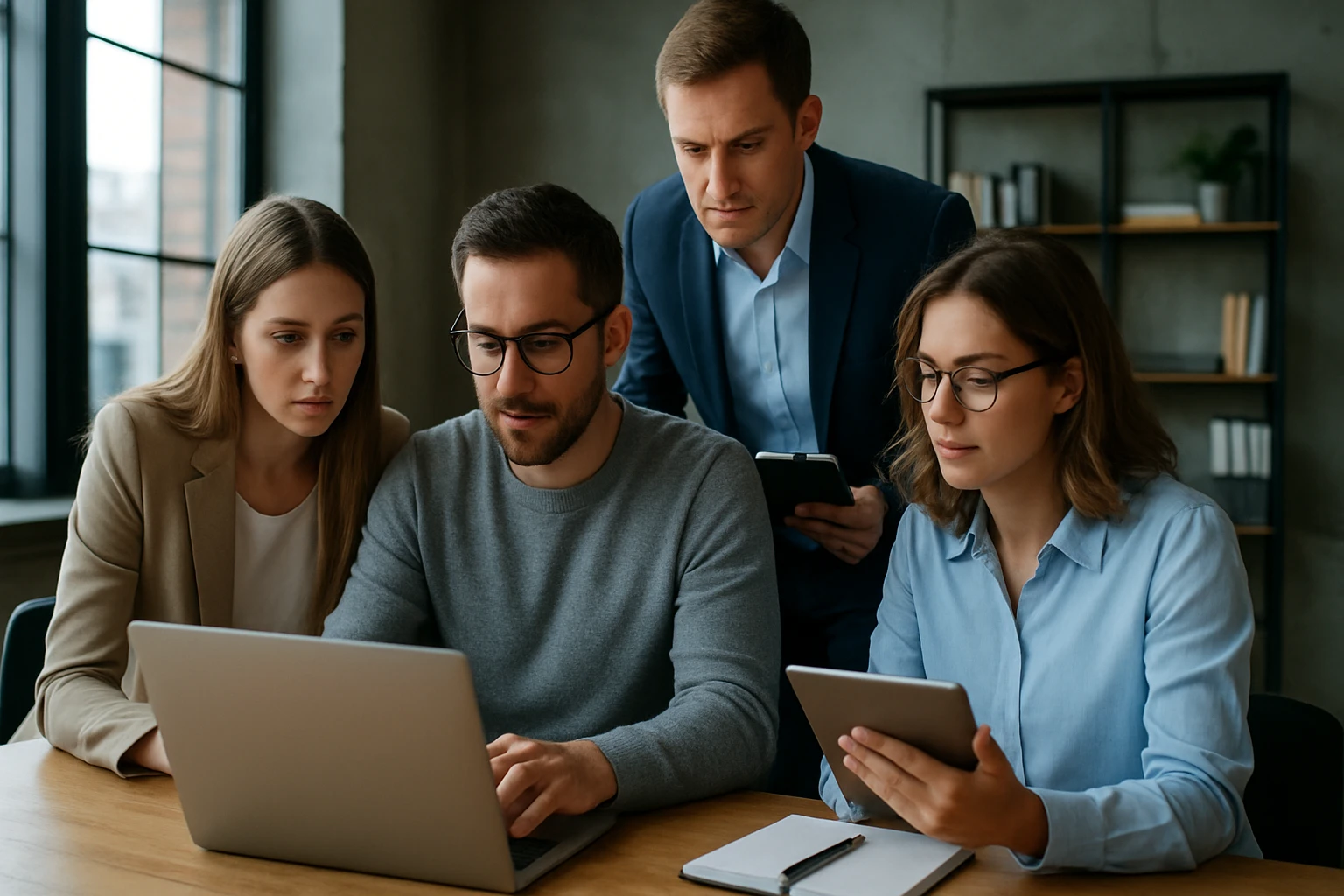 Négy fiatal szakember dolgozik együtt egy laptop előtt, figyelmesen elemzik az adatokat.