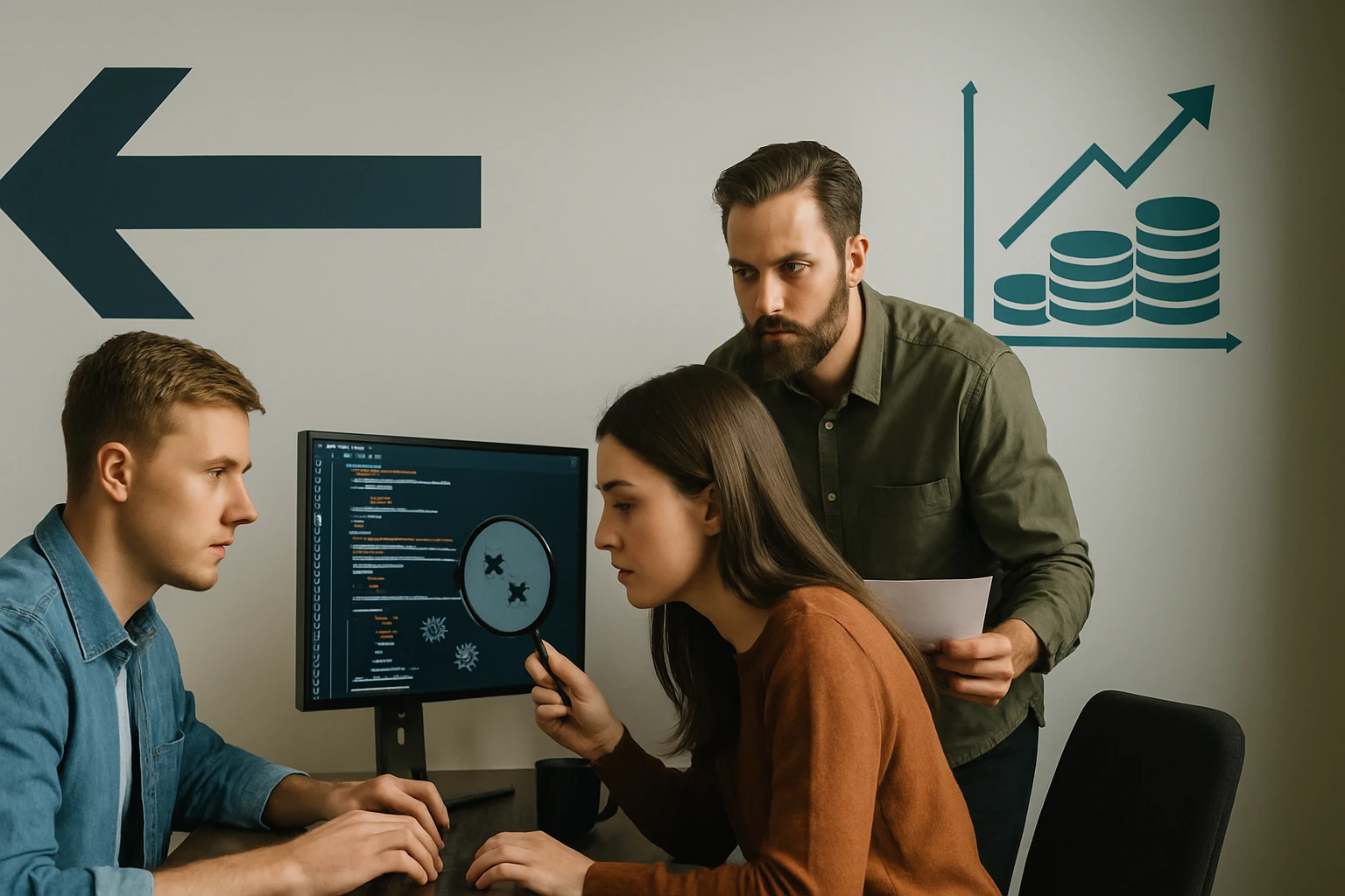 Két fiatal szakember egy számítógép képernyőjét nézi, miközben egy harmadik személy irányítja őket.