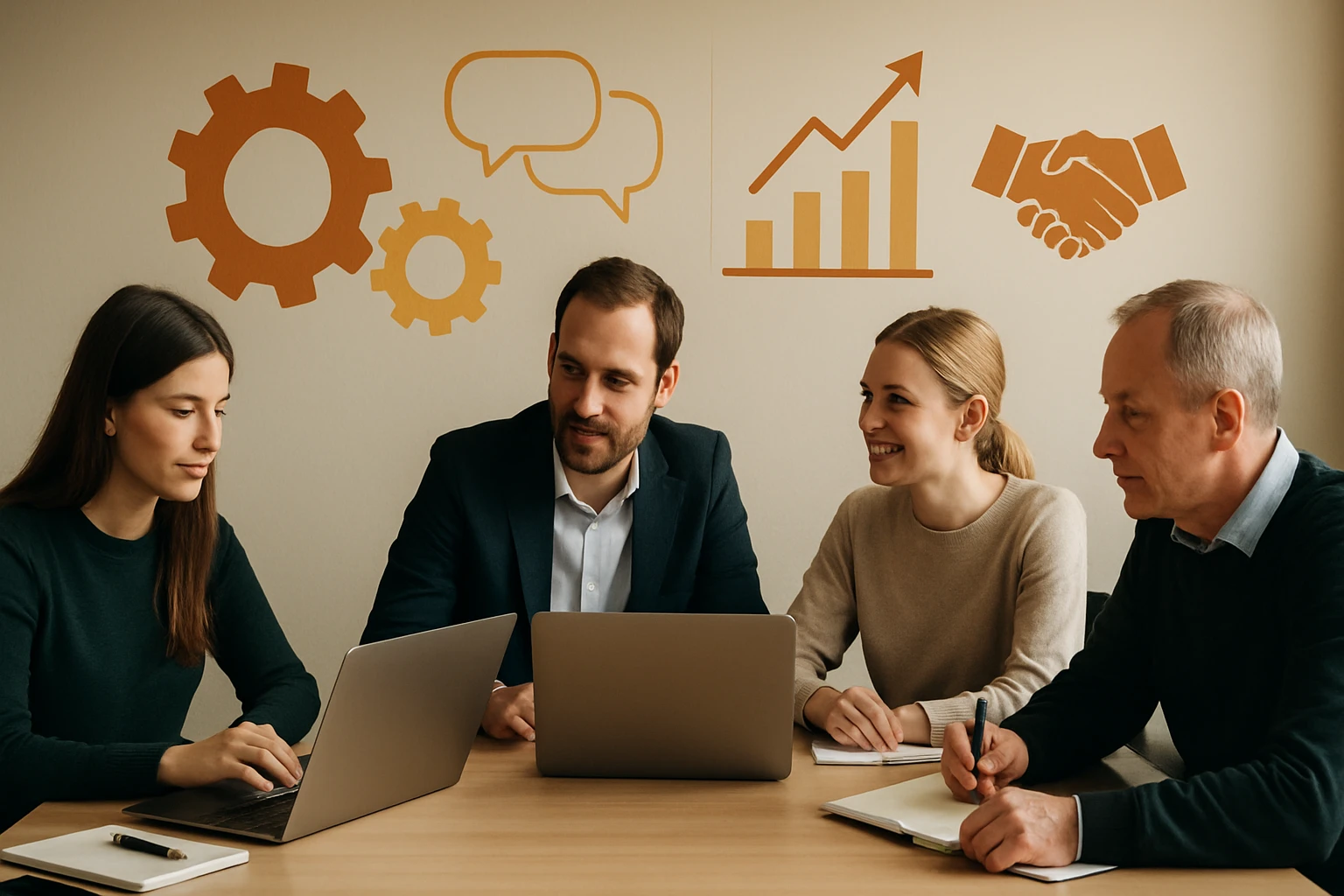 Négy fős csapat ül egy asztalnál, laptopokkal és jegyzetfüzetekkel dolgoznak.