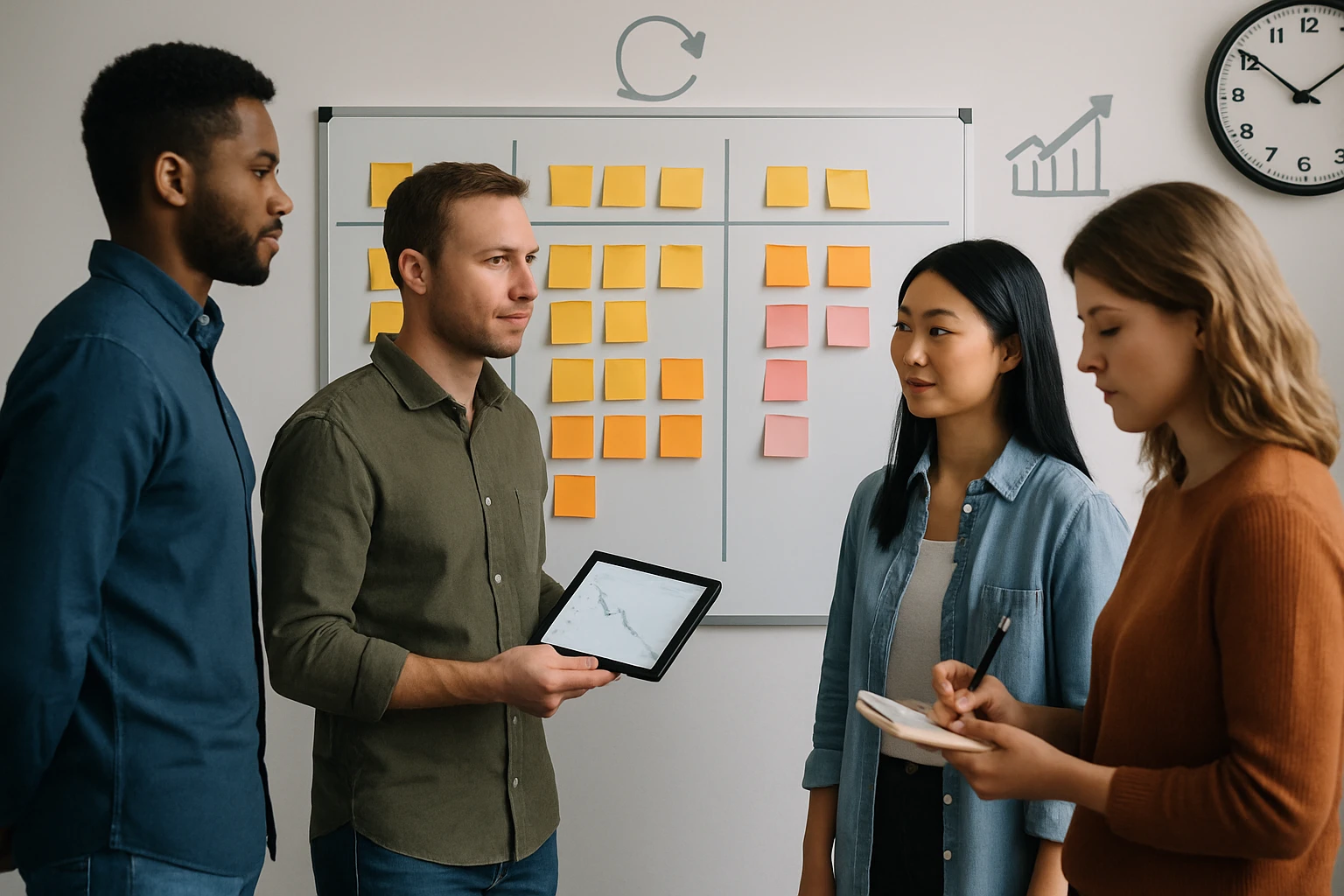 Négy fiatal szakember egy megbeszélésen, táblán pos-it cetlikkel.