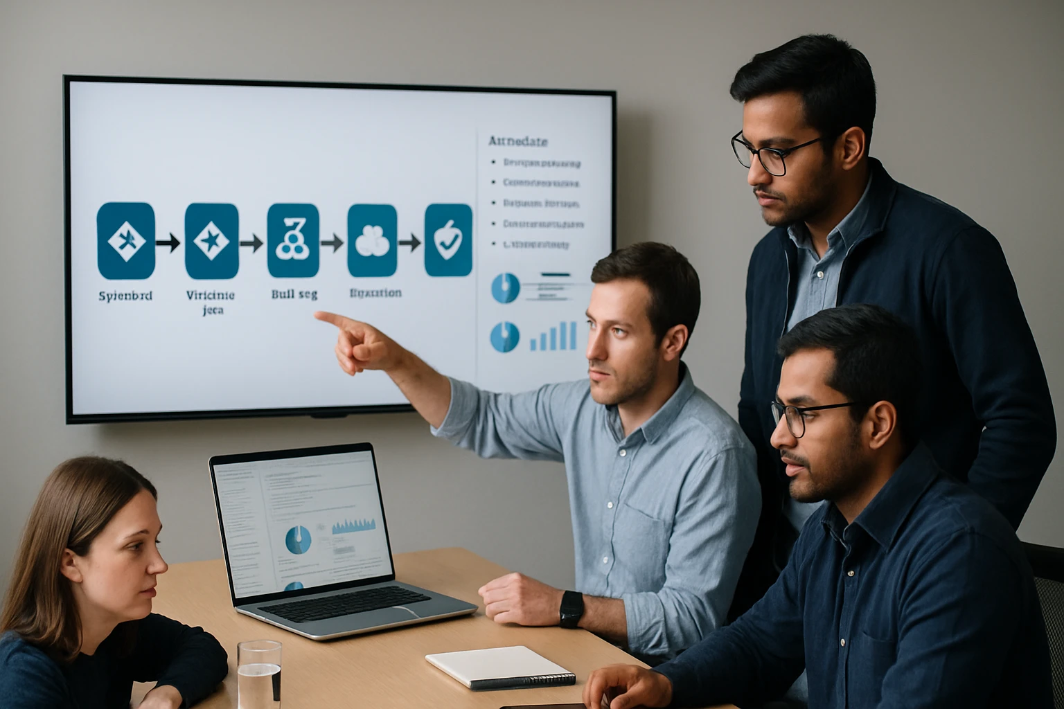 Egy csapat tagjai egy prezentációt néznek, miközben ötleteket osztanak meg.