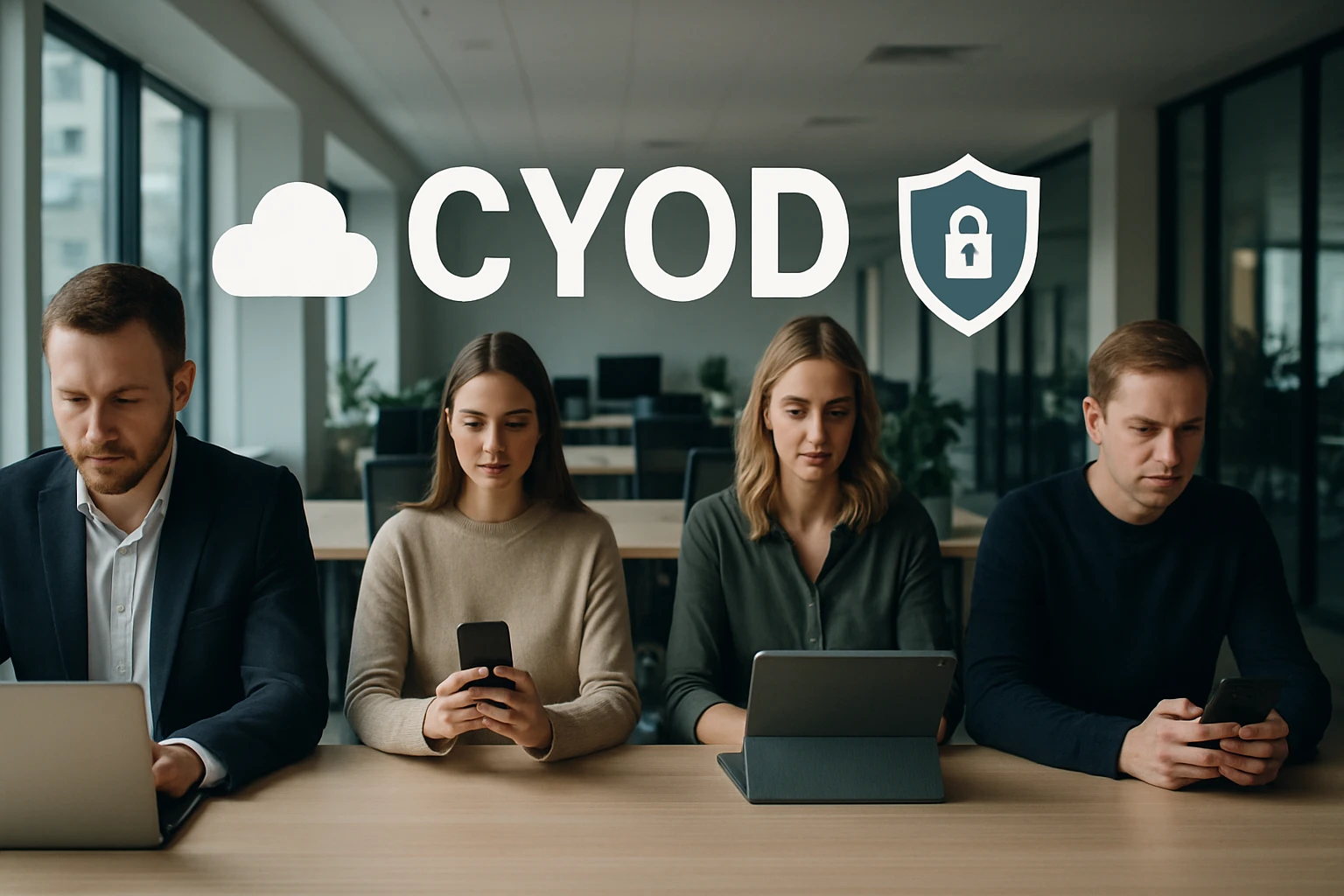 Négy fiatal szakember ül egy asztalnál, különböző eszközöket használnak.