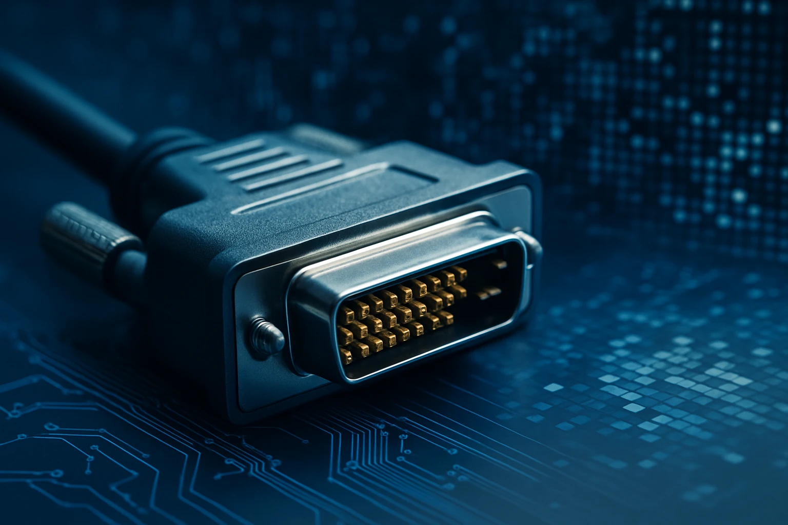 Egy D-sub csatlakozó közelről, aranyozott érintkezőkkel, technológiai háttér előtt.