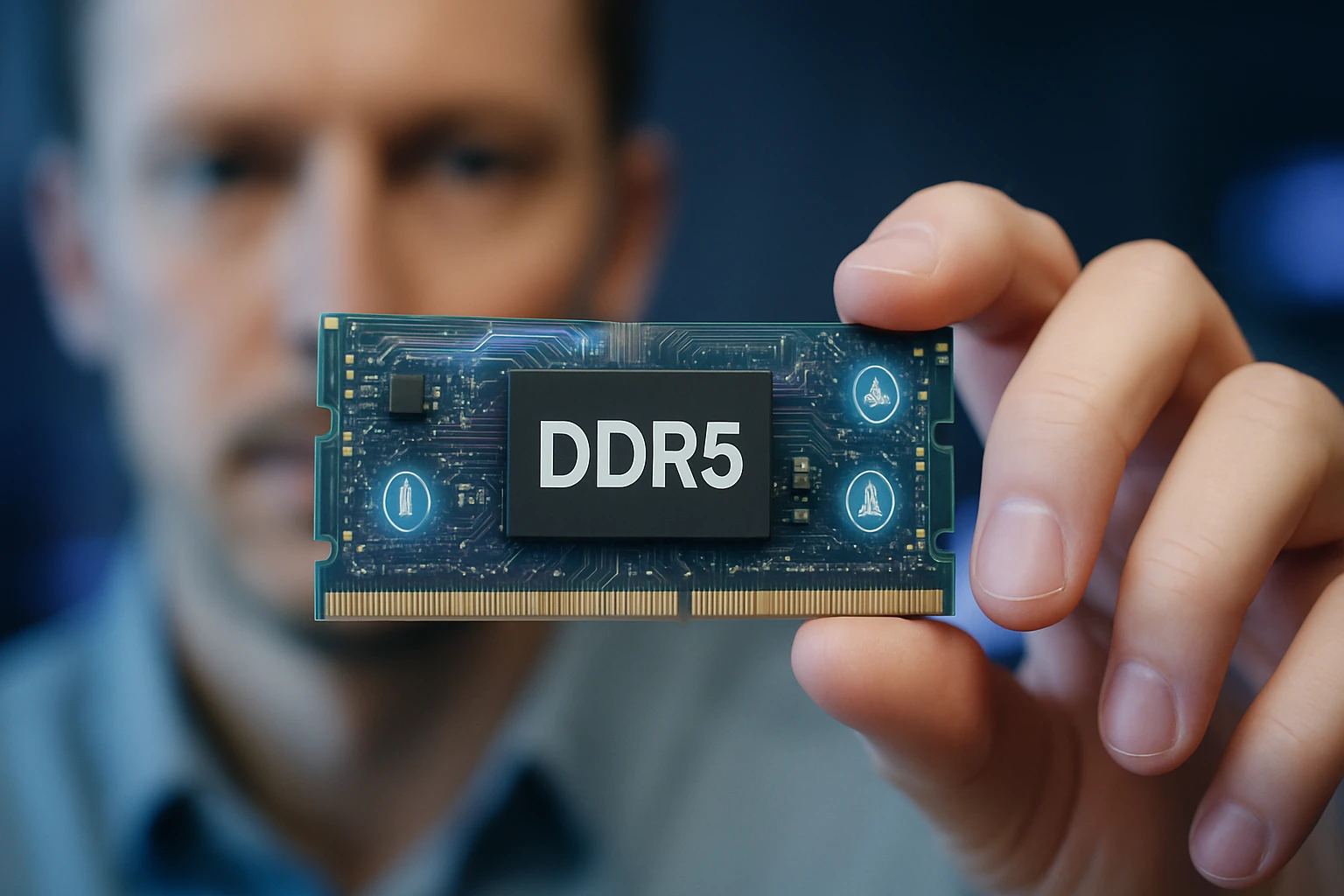 Egy férfi a kezében tart egy DDR5 memória modult, amely részletesen látható.