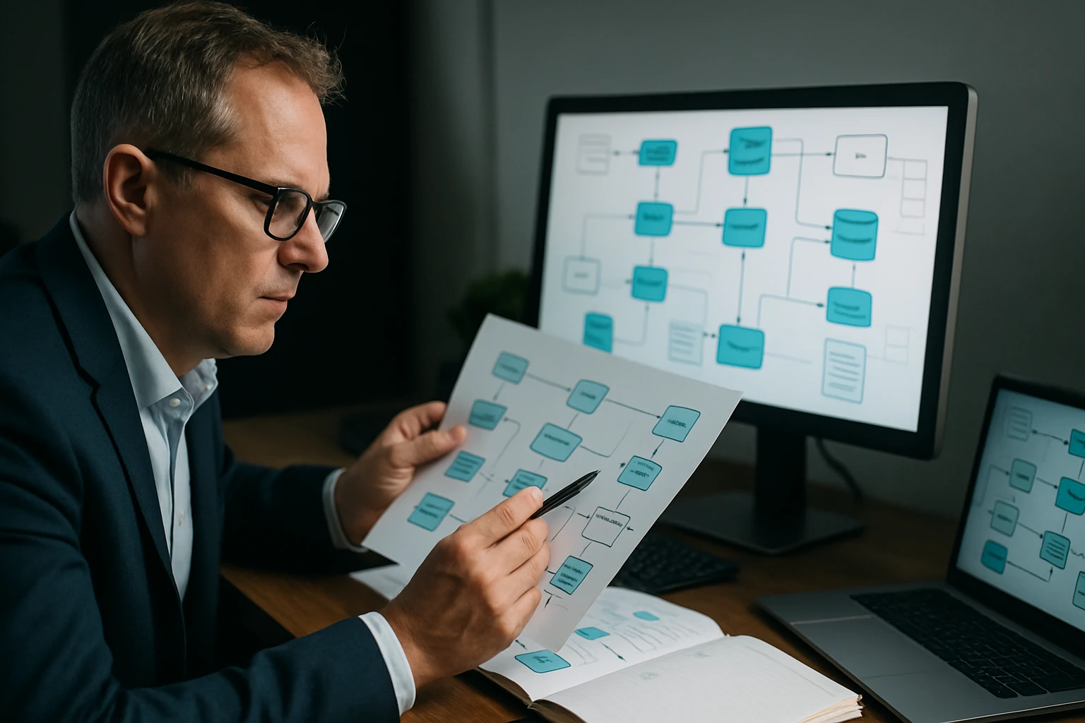Egy férfi diagramokat tanulmányoz, miközben számítógép előtt ül.