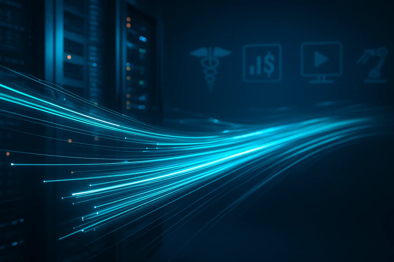 Kék fénycsíkok áramlanak egy sötét háttér előtt, háttérben szerverekkel.