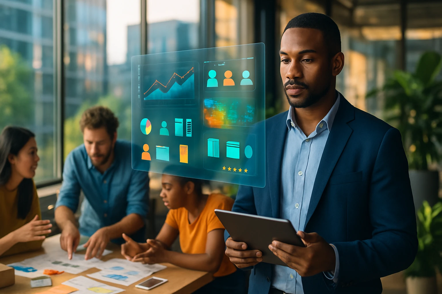 Egy üzletember digitális táblagépet használ, miközben adatelemzést végez.