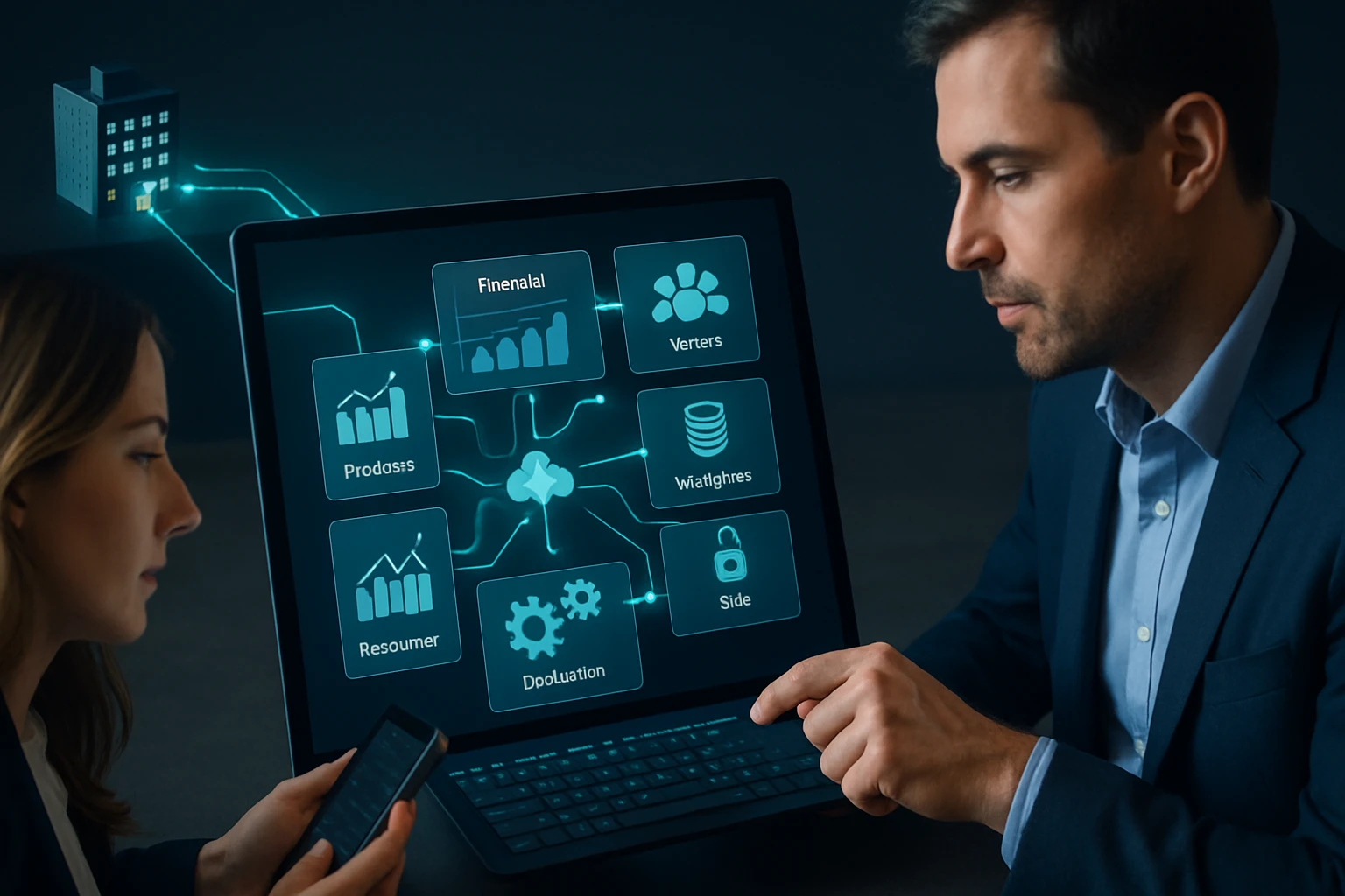 Két szakember egy laptop előtt, amelyen digitális adatelemző grafikonok láthatók.