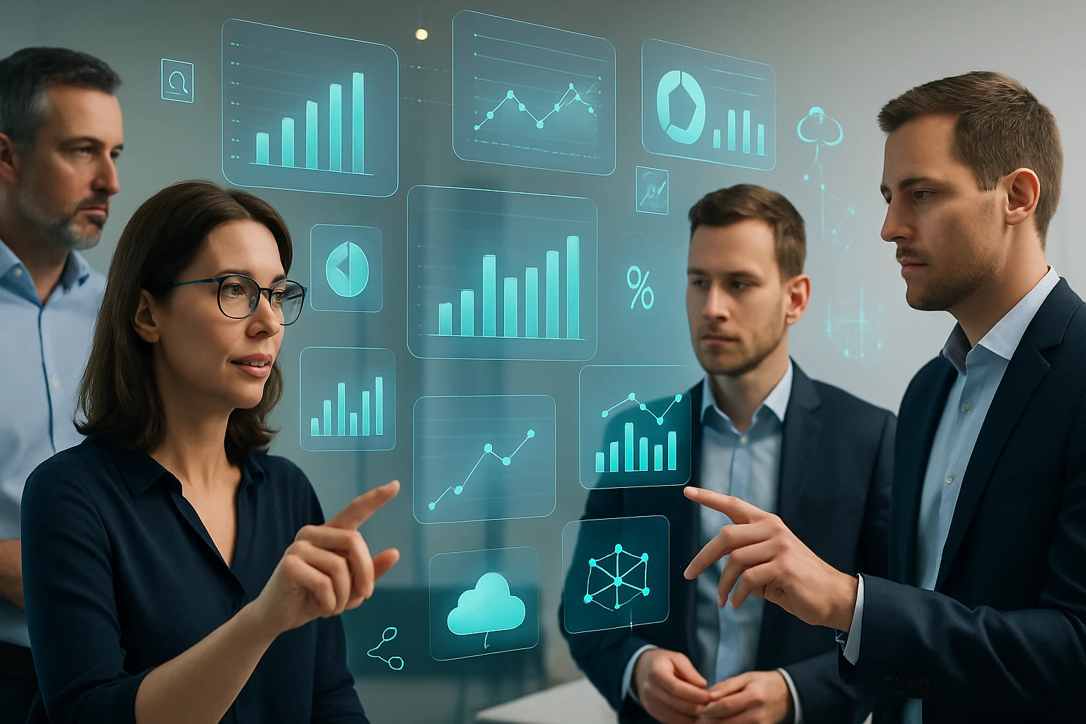 Négy üzletember egy digitális táblán elemzi az adatokat és grafikonokat.