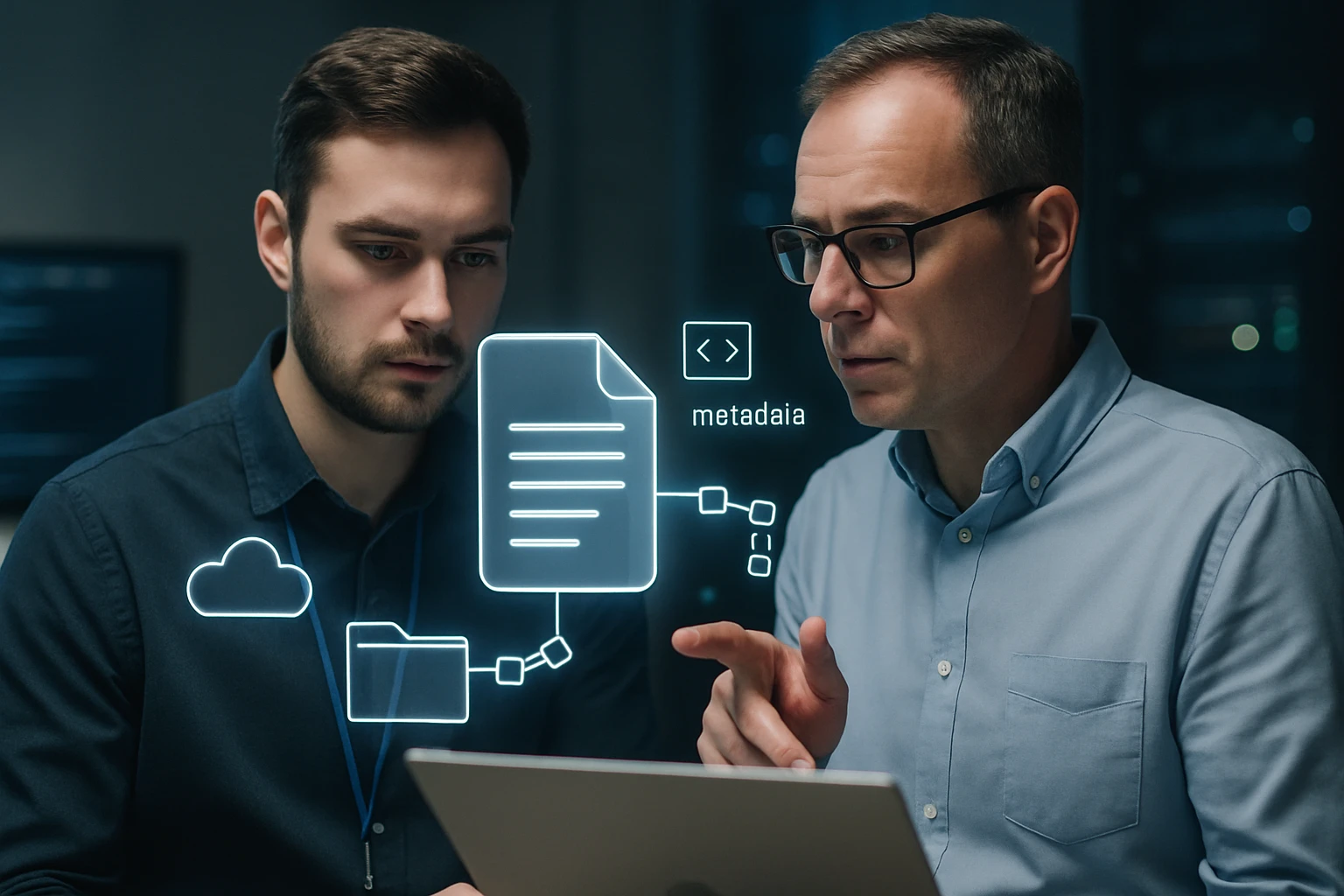 Két férfi egy laptop előtt, digitális adatkezelésről beszélgetnek.