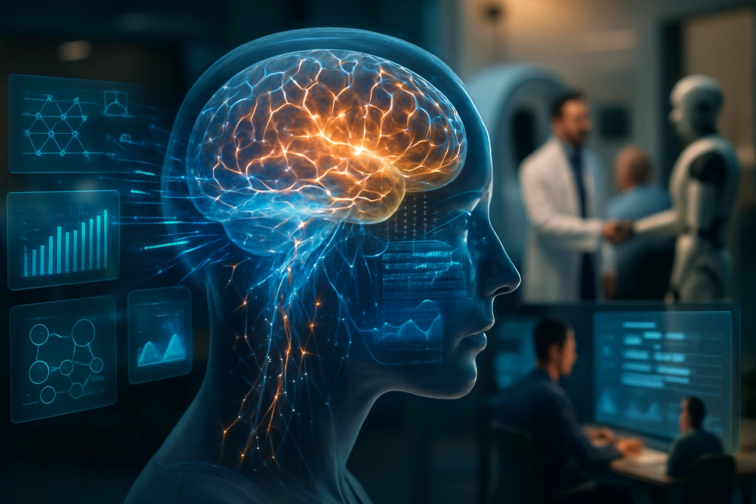 Egy emberi fej profilja, amelyből digitális agyi aktivitás és adatok áramlanak.