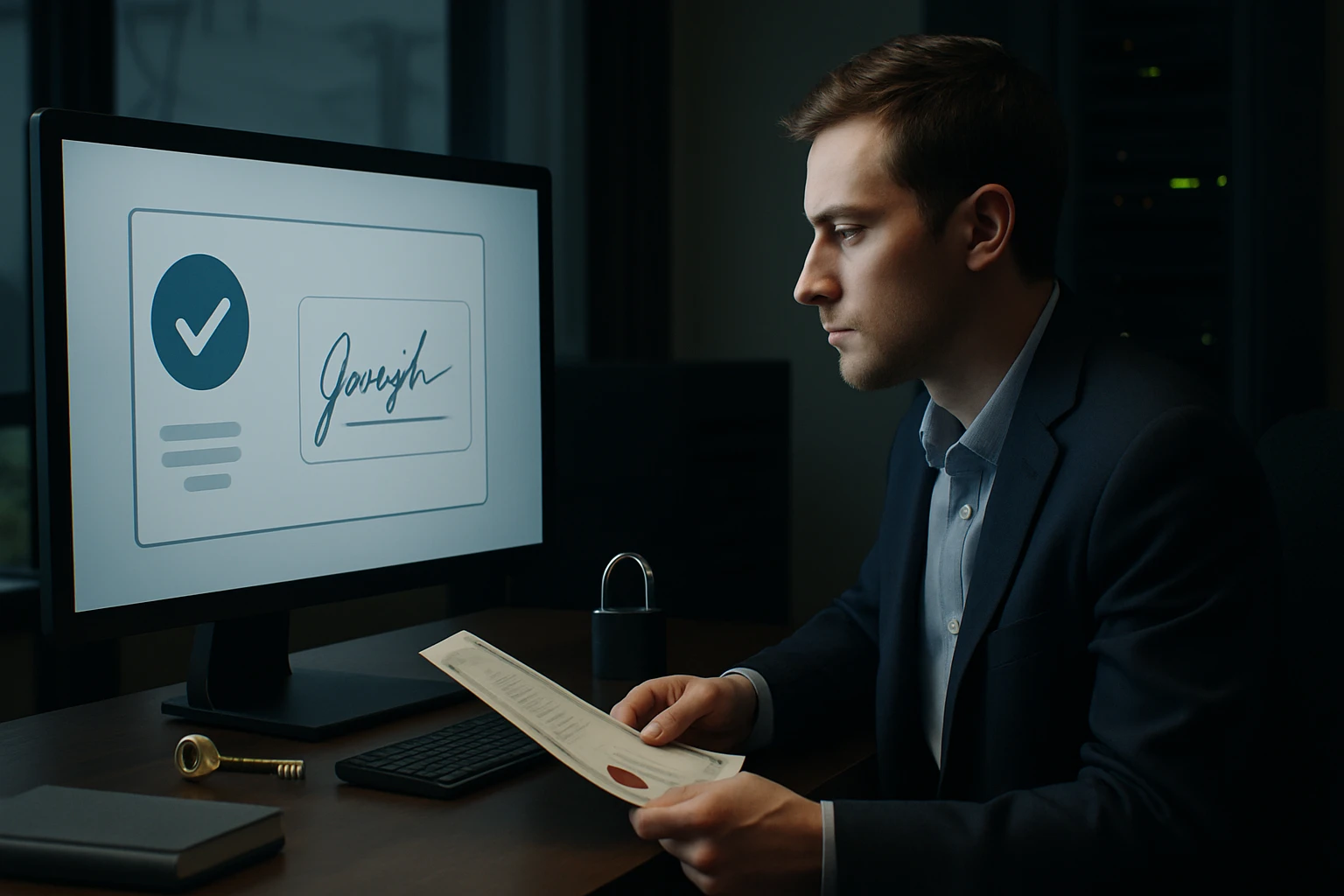 Egy férfi figyelmesen nézi a számítógép képernyőjét, miközben egy dokumentumot tart a kezében.