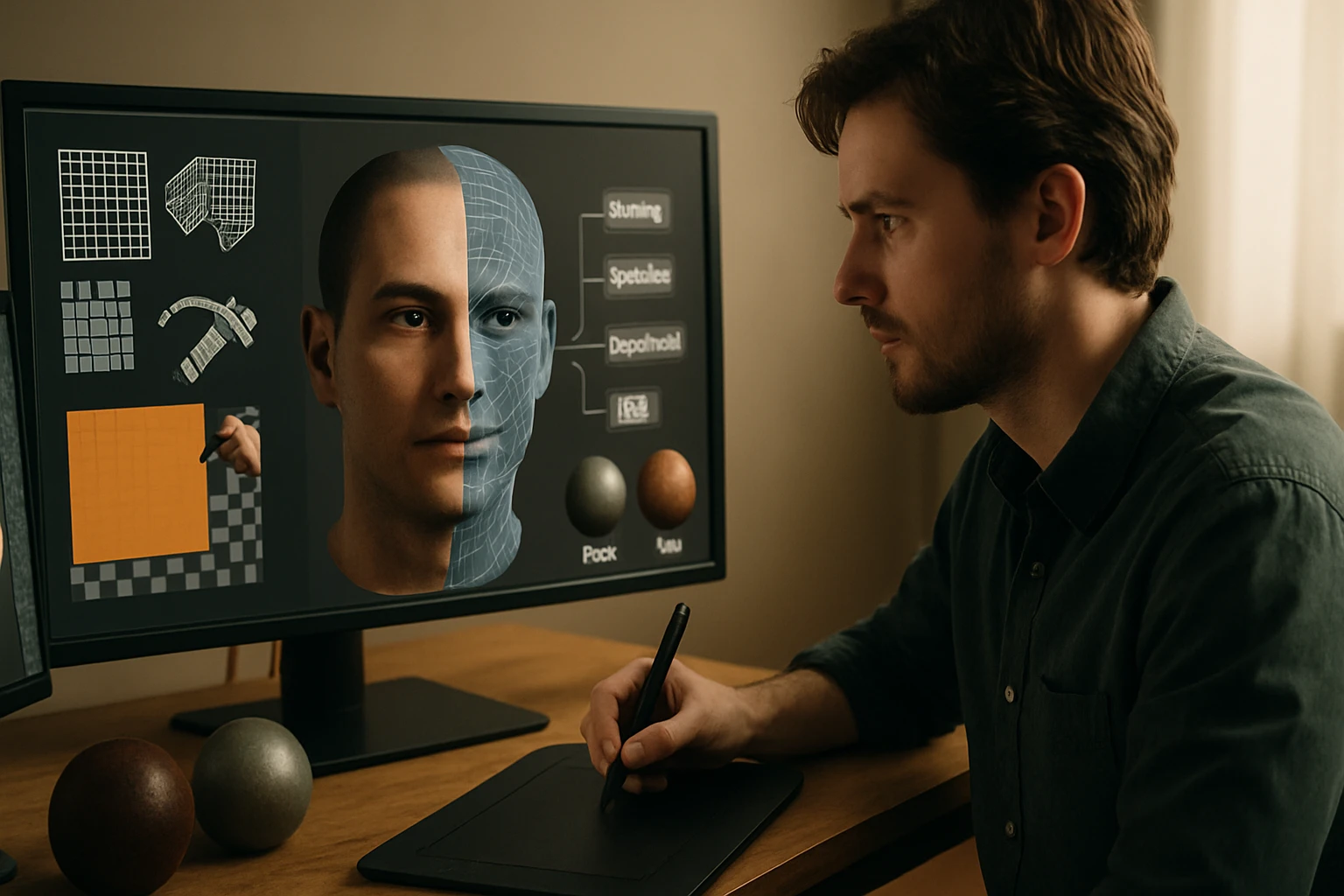 Egy férfi digitális rajzoló táblán dolgozik, 3D-s arcfelületet tervez.